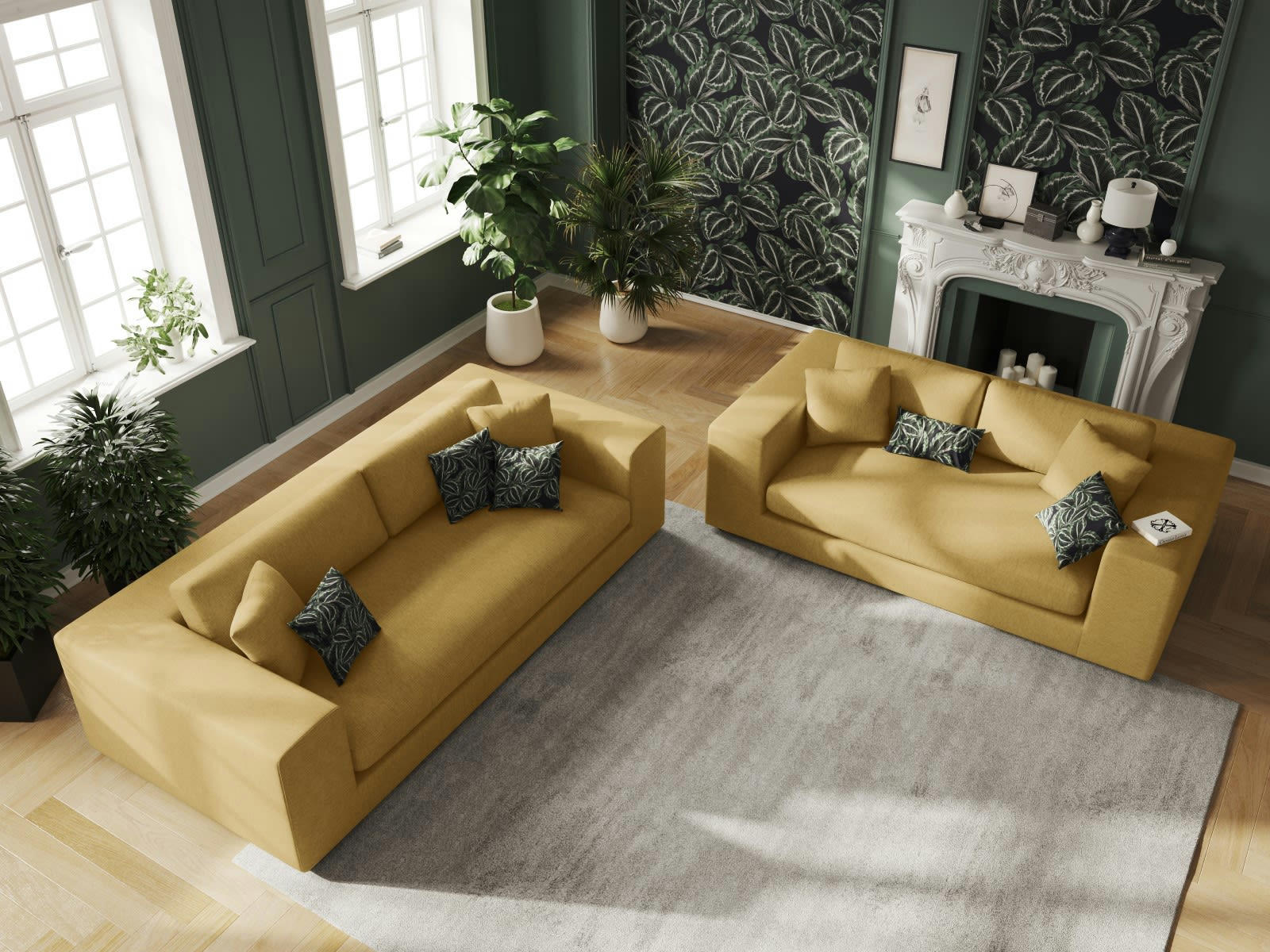 TENDANCE - Canapé 4 places en tissu structuré jaune