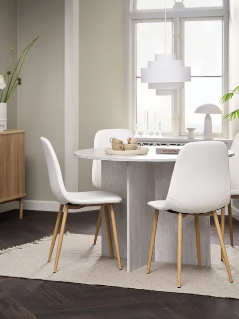 KRONDAL Ø110 bord travertin + 4 JONSTRUP stole hvid