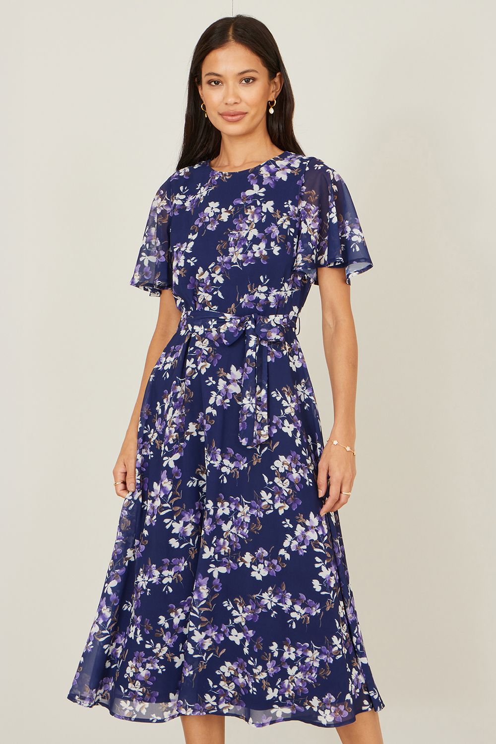 Yumi Blossom Print Midi Skater Dress With Angel Sleeves