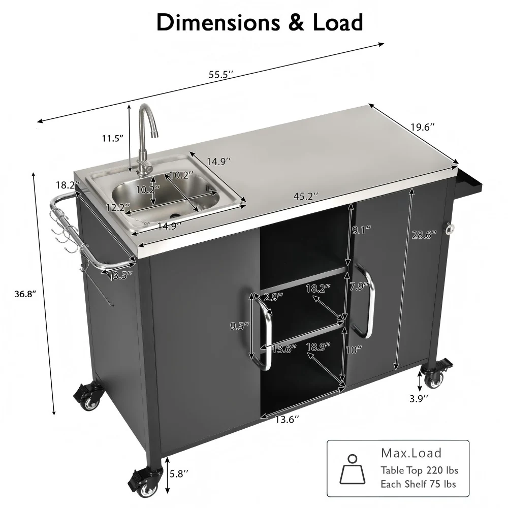 55.5 Outdoor Metal Kitchen Island with 304 Stainless Steel Sink and 4 Lockable Wheels