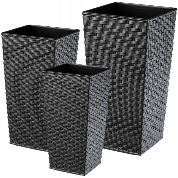 Zestaw 3x Donica Doniczka Wkład Rattan Grafit 68cm