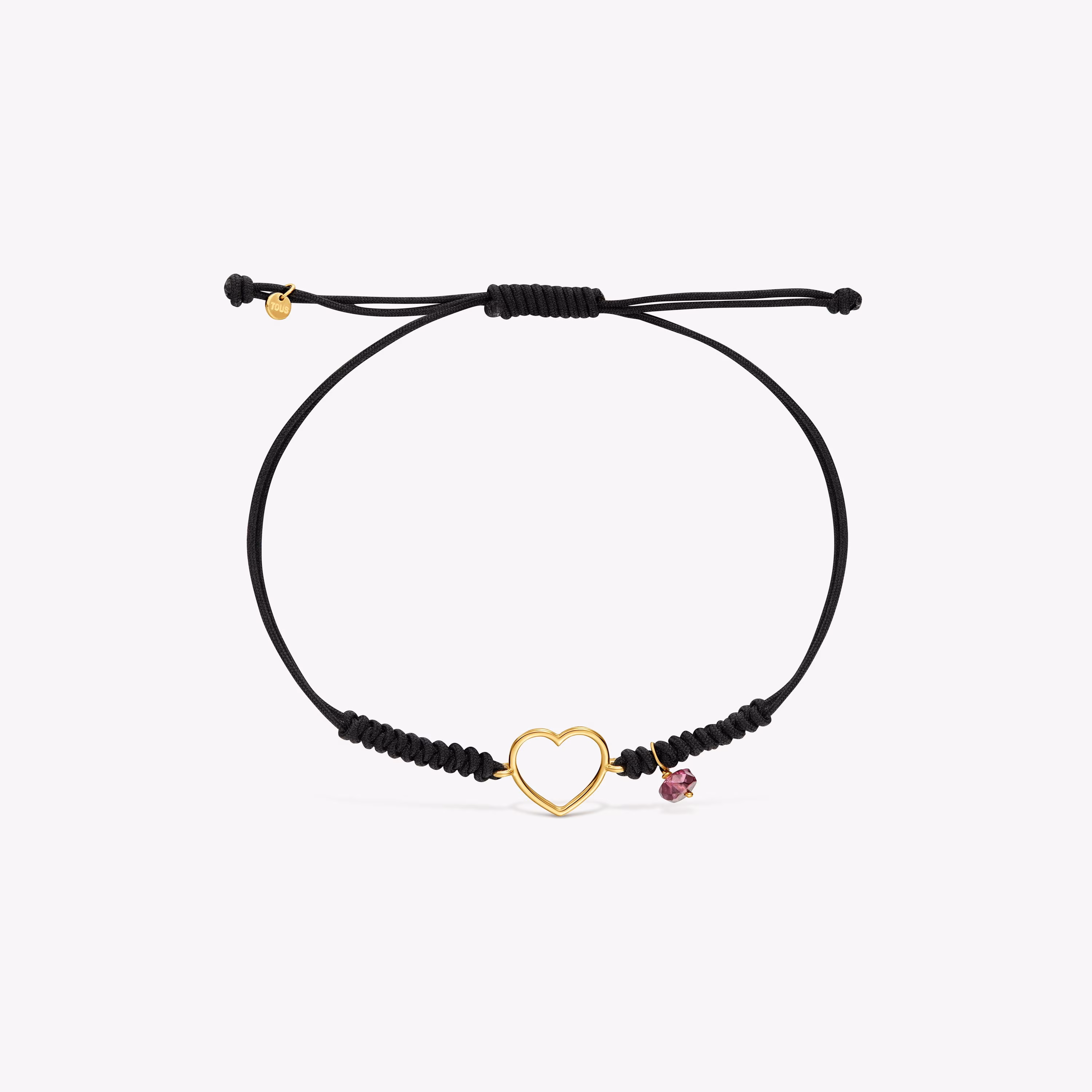 Pulsera corazón de oro 9 kt, rodolita y nylon Silueta
