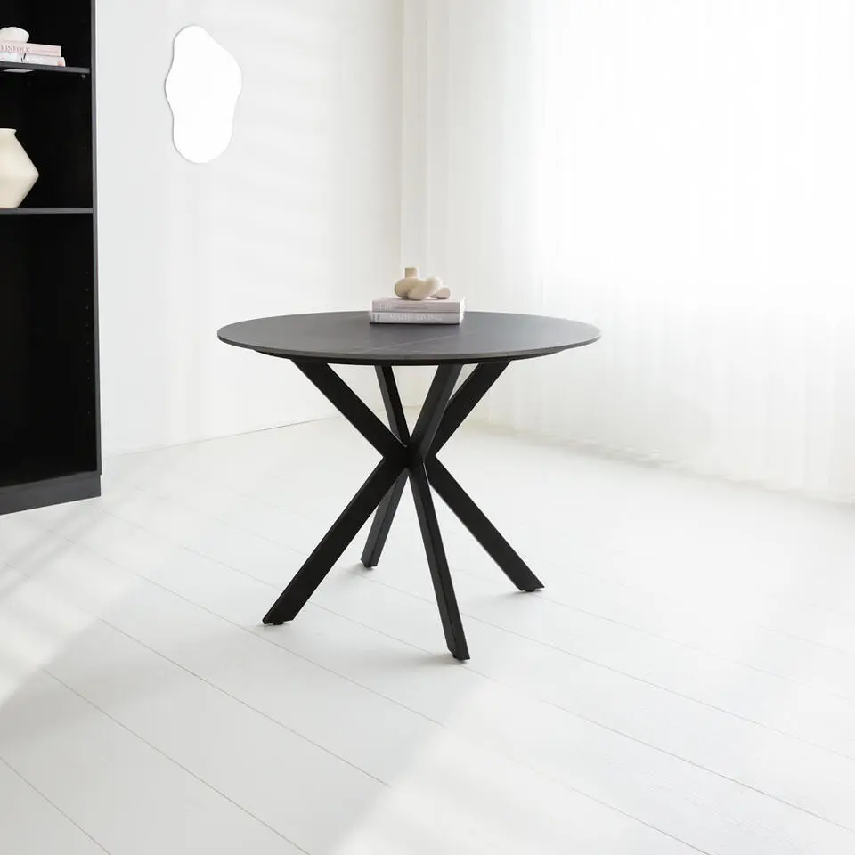 Ronde eettafel Yuna &Oslash;100 cm marmerlook zwart - Stoneware - Zwart