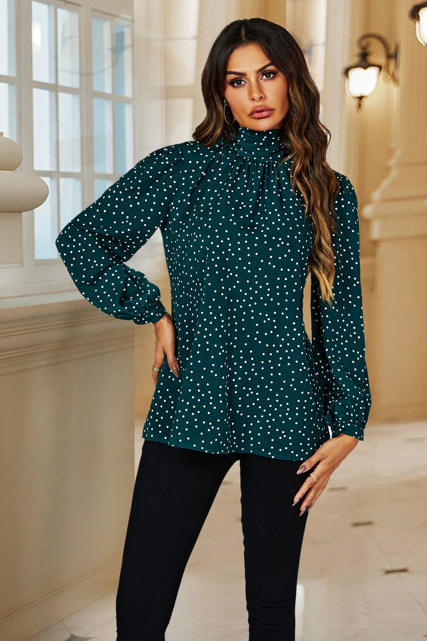 FS Collection Polka Dot Print Long Sleeve Back Tie Blouse Top In Green