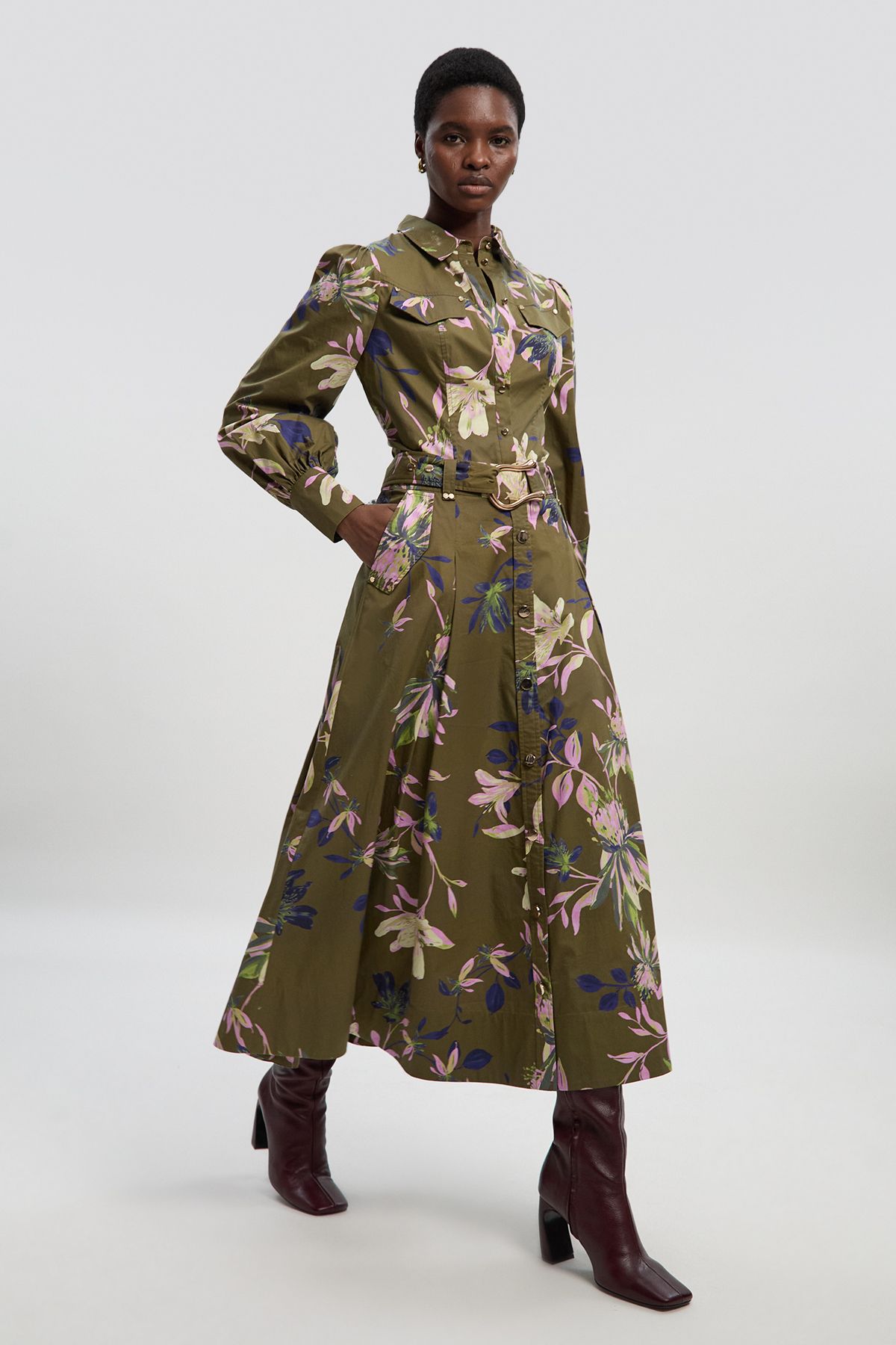 KarenMillen Floral Print Cotton Sateen Woven Volume Sleeve Shirt
