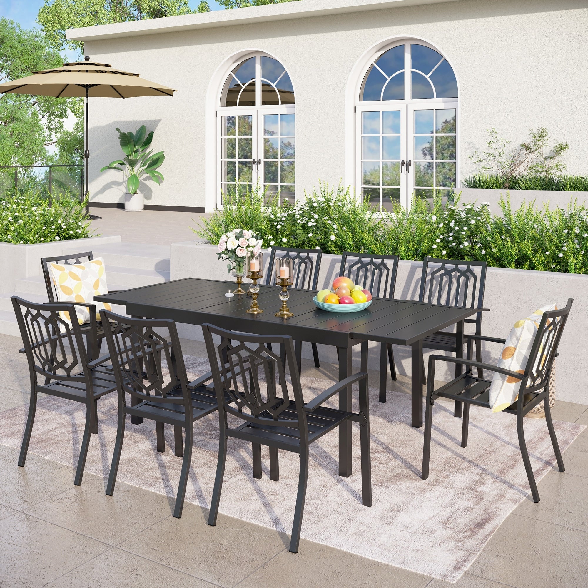 MAISON ARTS Outdoor Patio Dining Set with Steel Stackable Chairs and Expandable Table