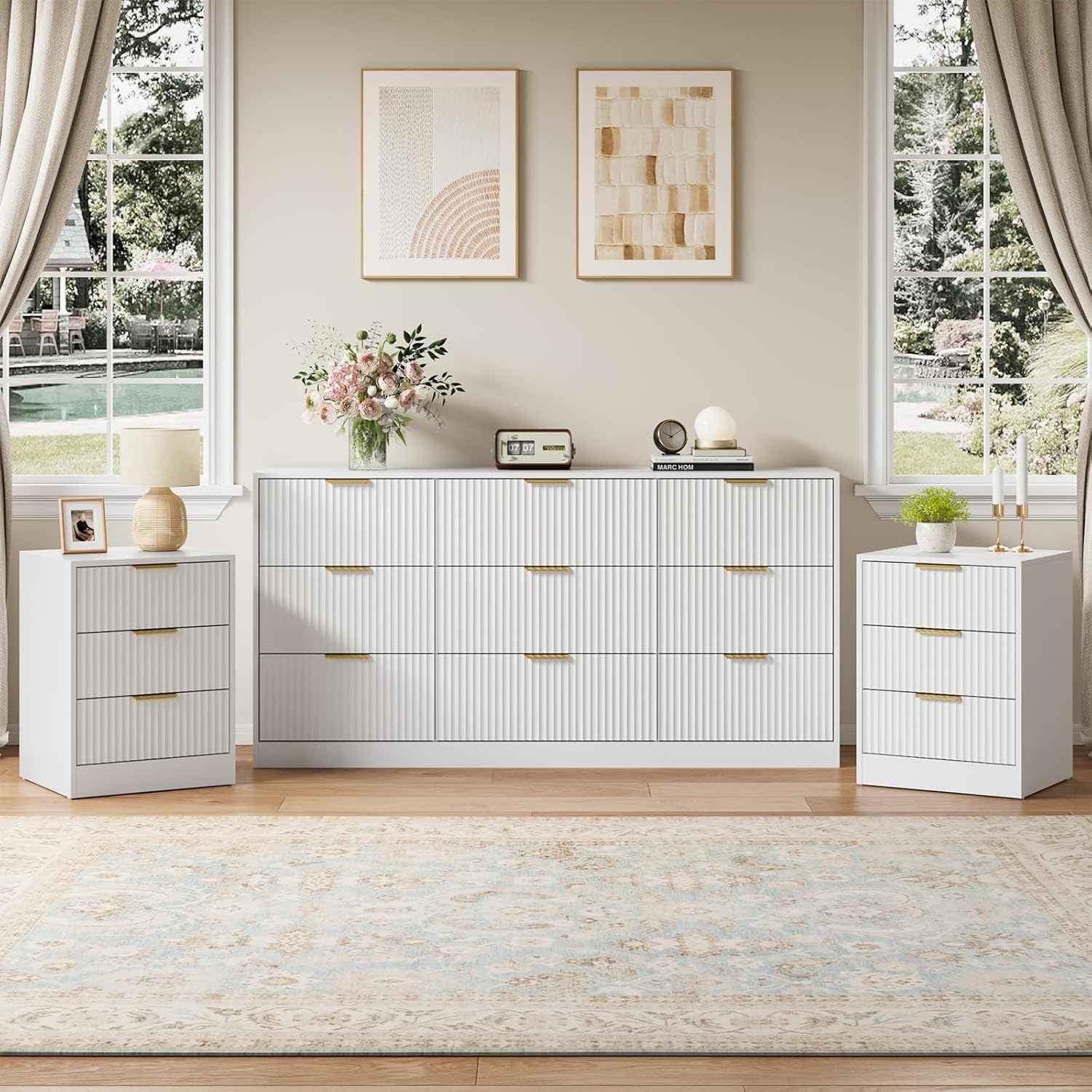 9 Drawer Fluted Dresser & Nightstand Set 3-Piece, 63” Long Dresser and Night Stand Set of 2, Fluted Modern Wood Chest of Drawers Storage Dressers Set for Bedroom, White