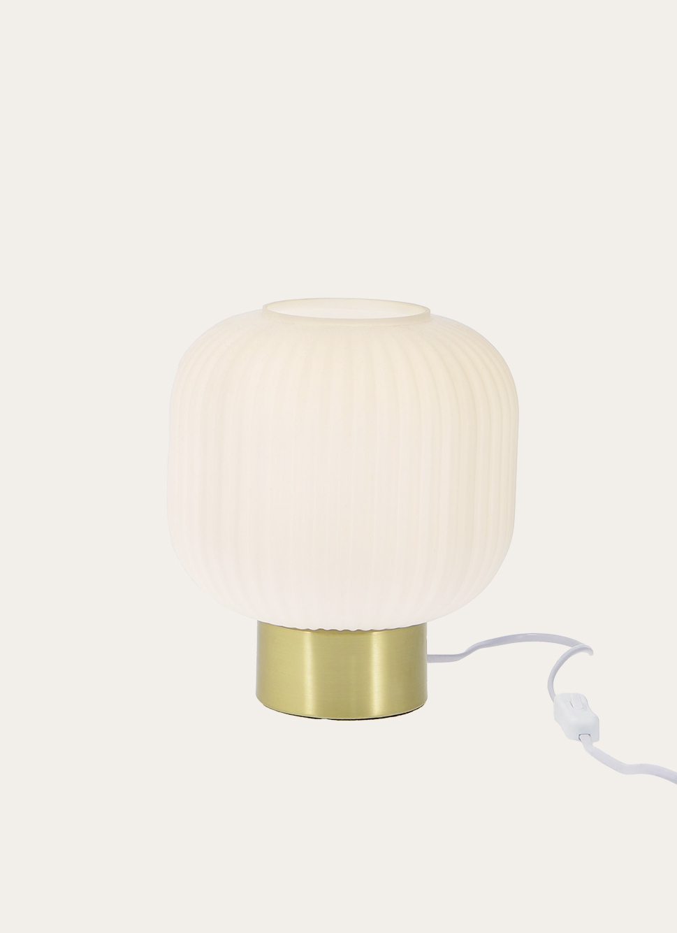 LAMPE à POSER GLOBE VERRE STRIÉ ET MÉTAL DORÉ DORE/BLANC