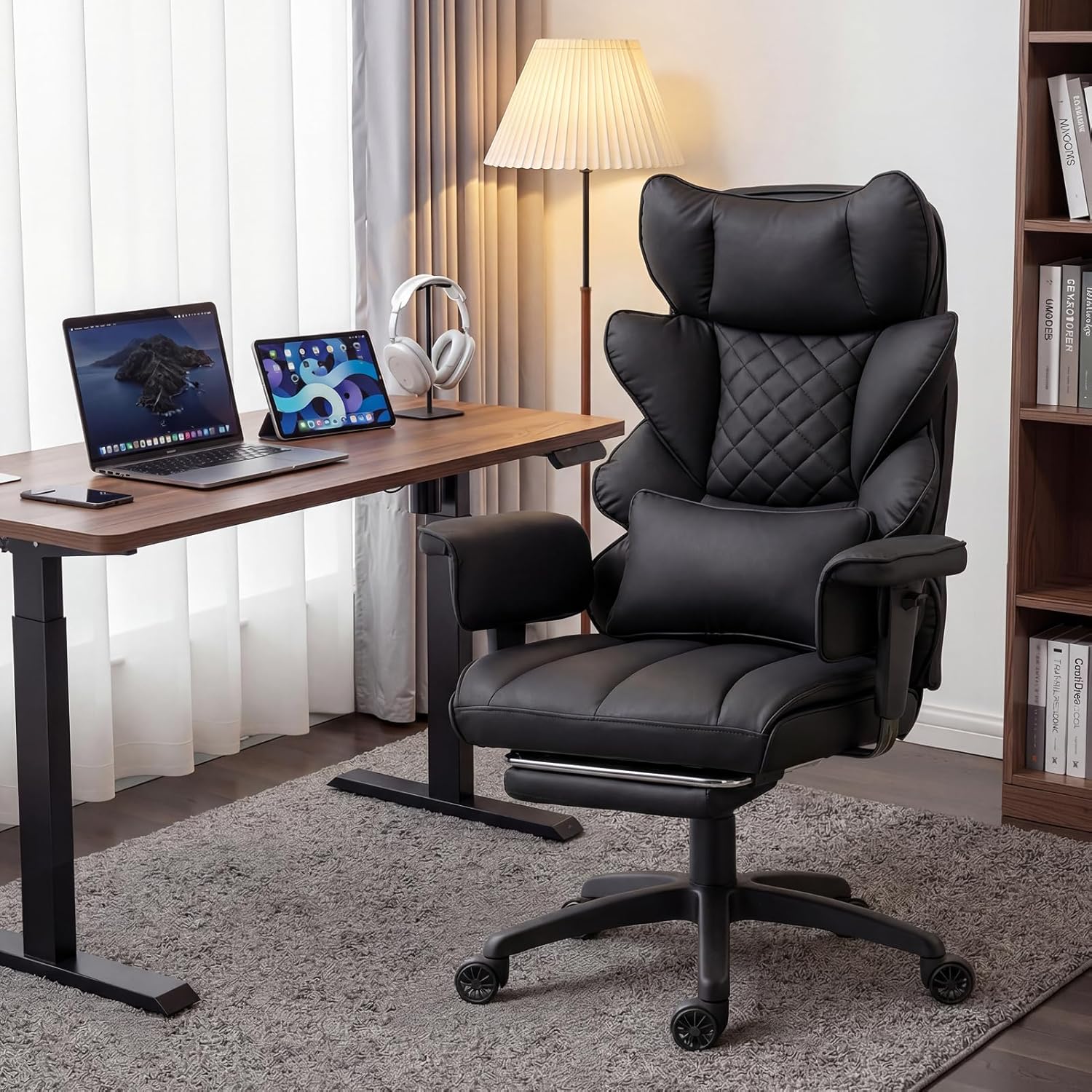 Dowinx Big and Tall Office Chair with Pocket Spring Cushion,High Back Computer Gaming Chairs with Adjustable Armrests,Executive Desk Chairs with Lumbar Support and Footrest,PU Leather-Black