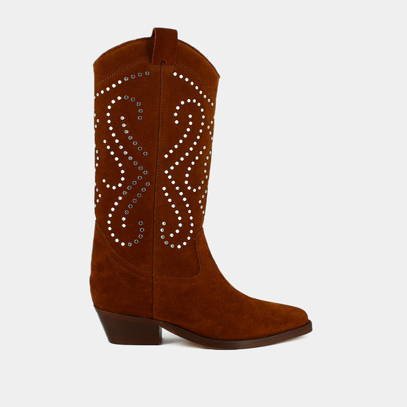 Bottes à talons biseautésen croute cognac | DYNASTIE