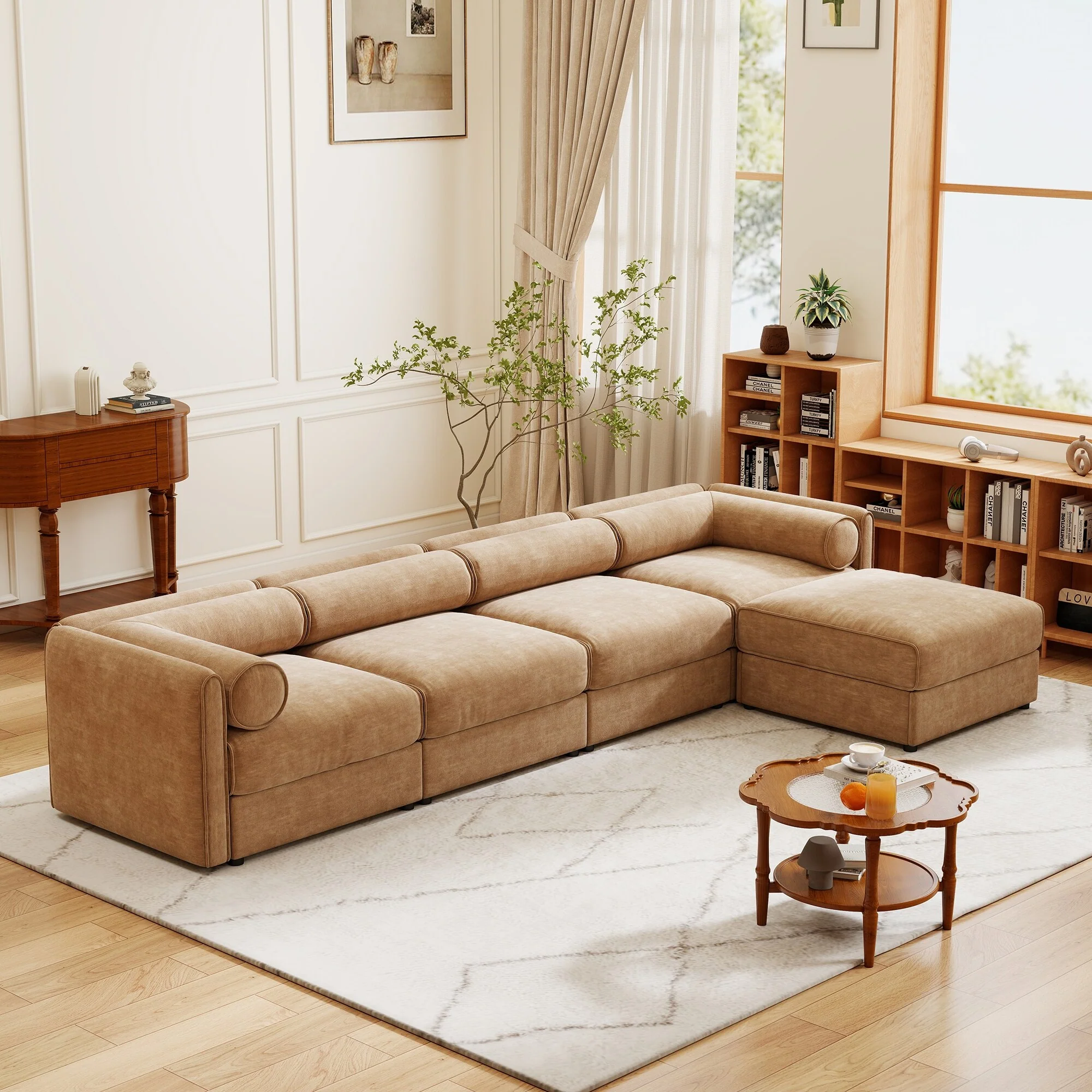Modular Sectional Sofa with Storage, Cylindrical Backrest and Armrests Deep Comfortable Seating, 4 Seat L- Shaped Sofa