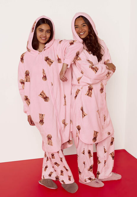 Girls Pink Dog Print Zip Through Blanket Dressing Gown