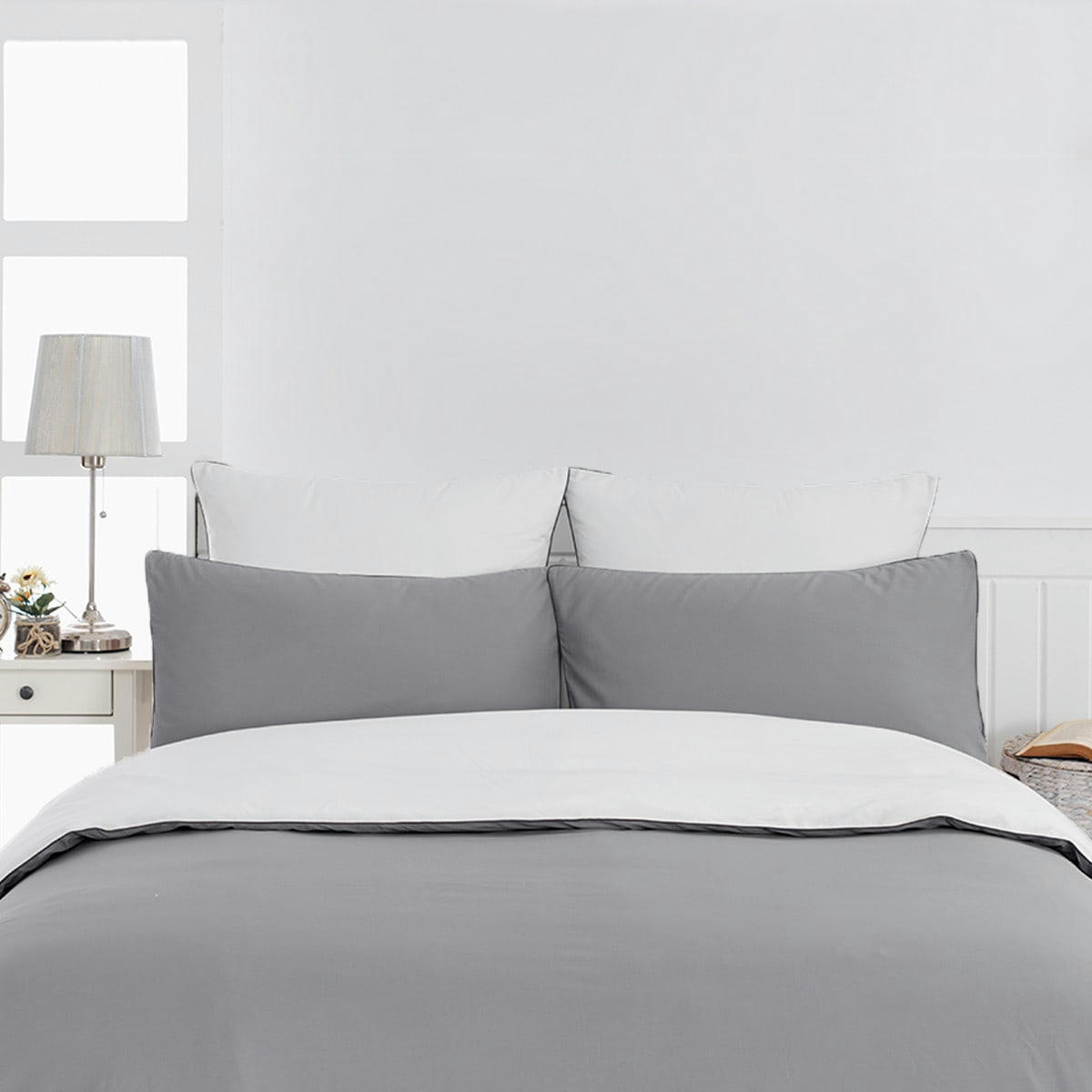 DOZMARY - Housse de couette bicolore en percale coton Gris/Blanc 240x220 cm