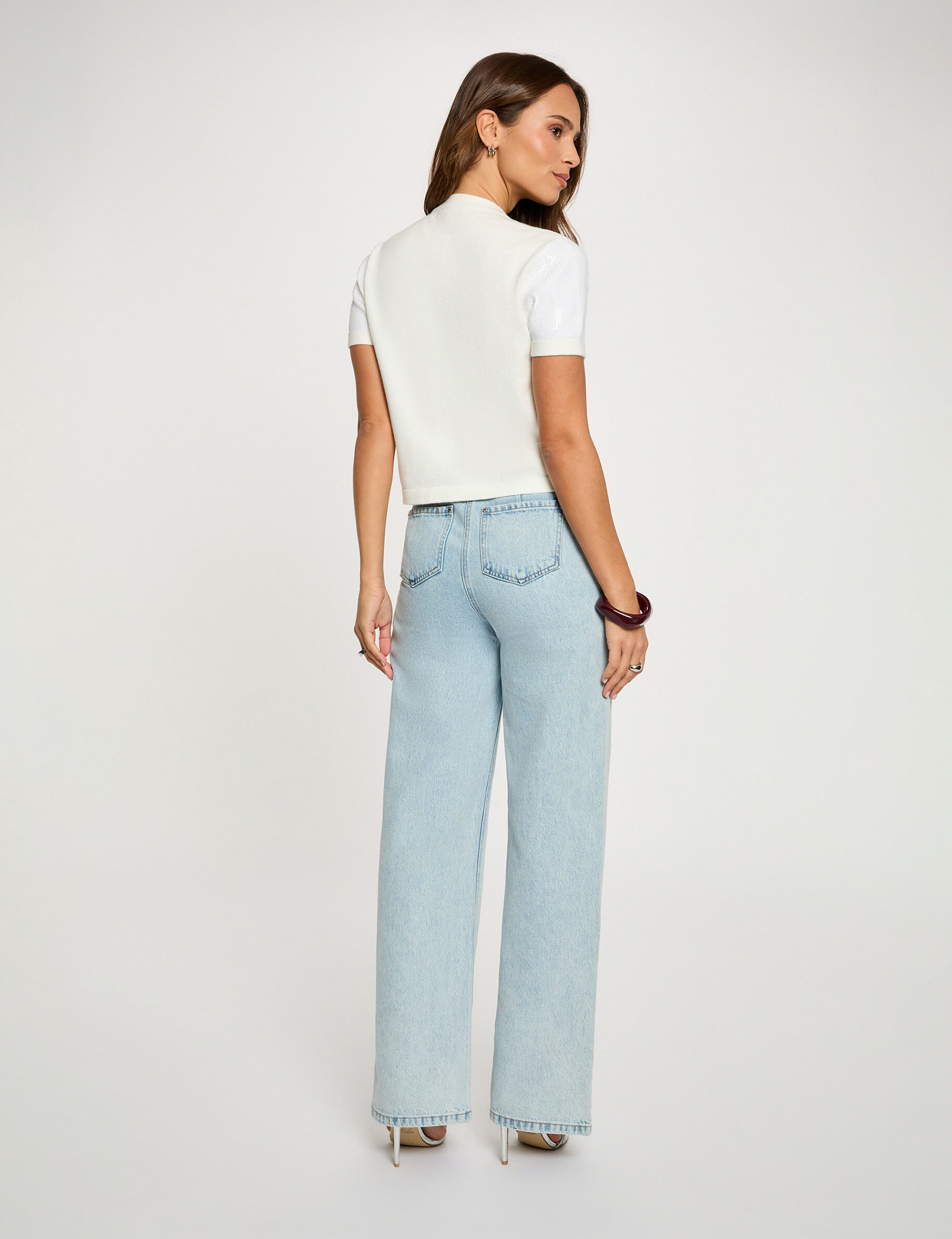 Cardigan Round Neck Sequins White Women