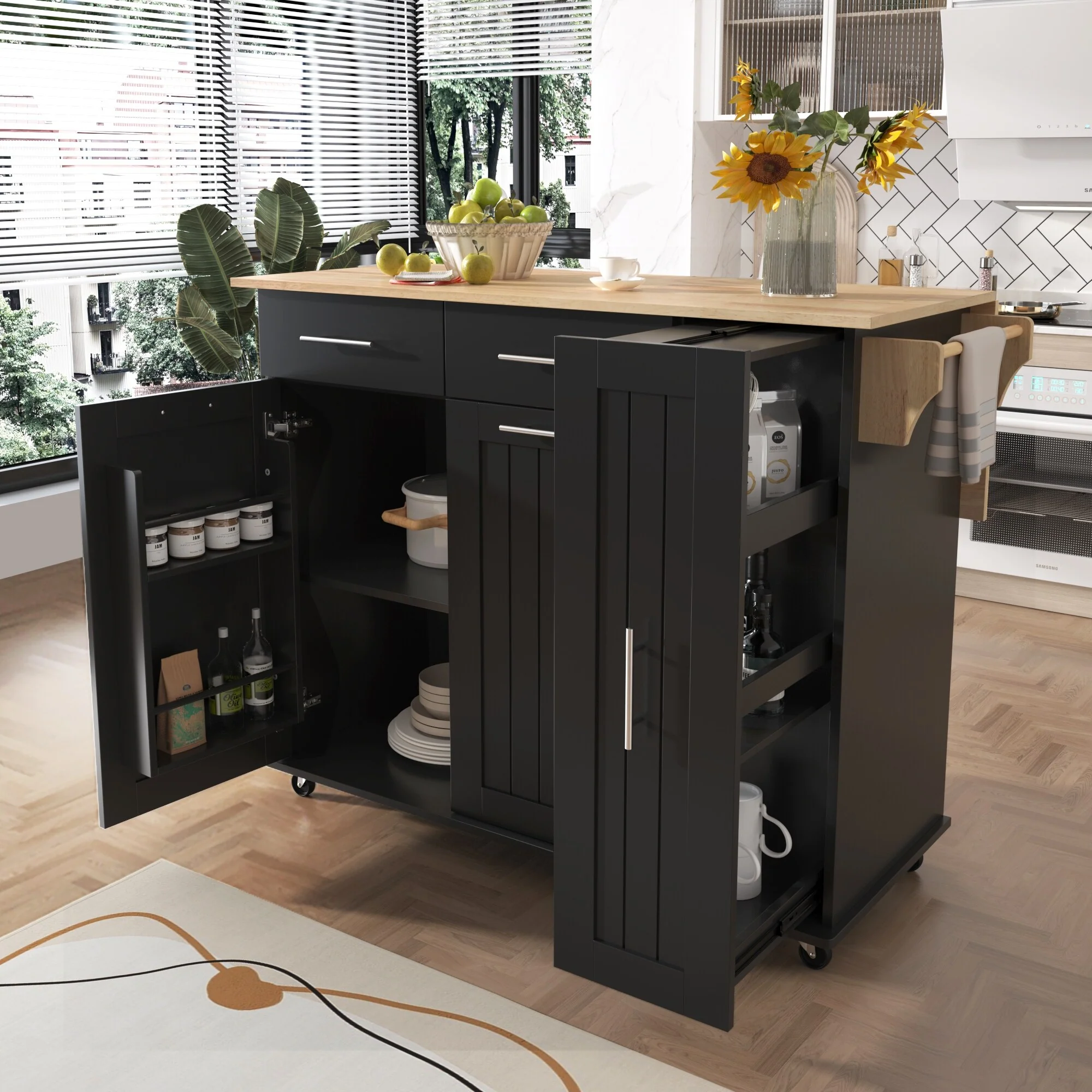 Kitchen Island with Drop Leaf and Internal Storage Rack, Rolling Storage Cart with 3 Tier Pull Out Cabinet Organizer, 2 Drawers