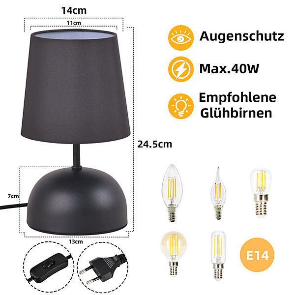 NETTLIFE Lampe de table de chevet lot de 2 avec câble noire petite tissu design moderne