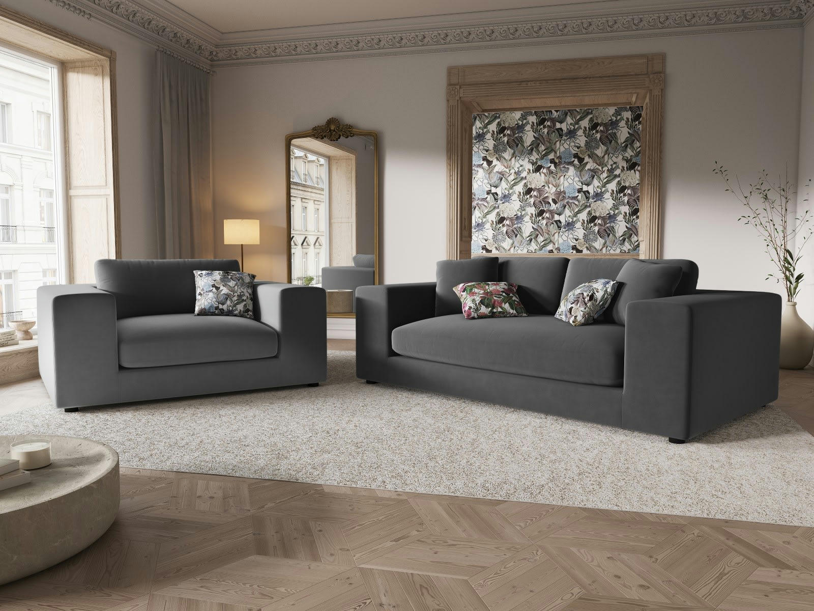 TENDANCE - Canapé 3 places en Velours Gris