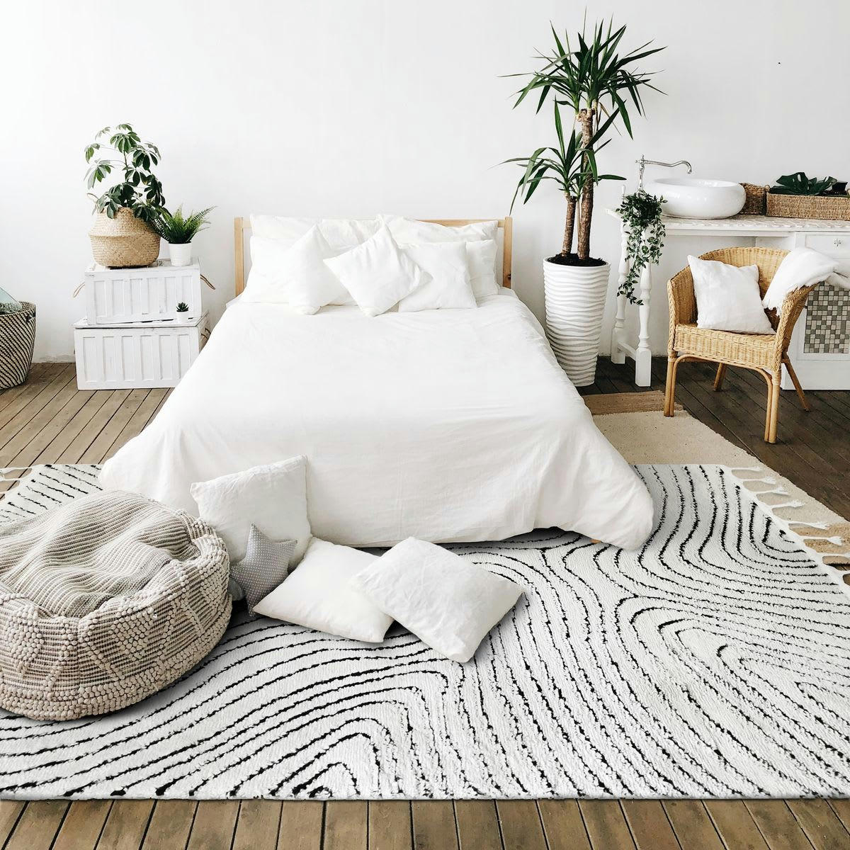 GRAPHICA - Tapis effet relief motifs ondulations blanc noir 160x230