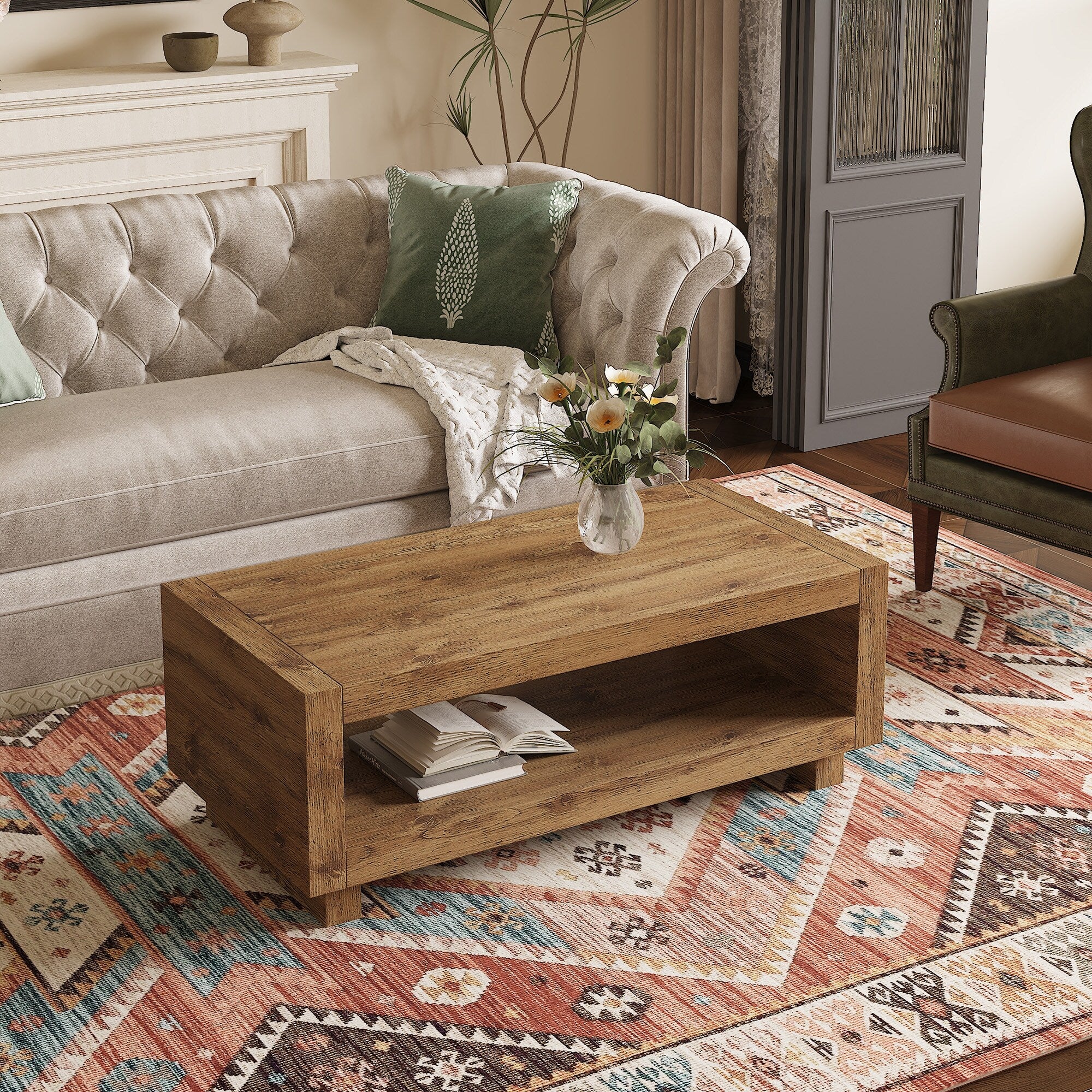 A modern minimalist wood-colored rectangular coffee table embodies the simple charm of mid-century aesthetics