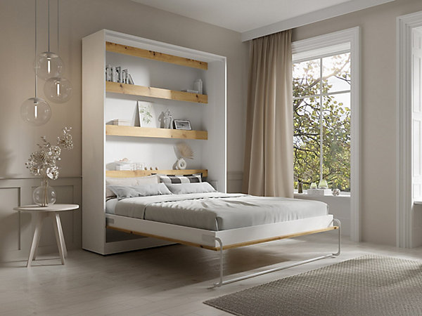 Lit escamotable 160 x 200 cm - Ouverture verticale manuelle - Avec LEDs - Blanc et naturel   Matelas - RAPILI