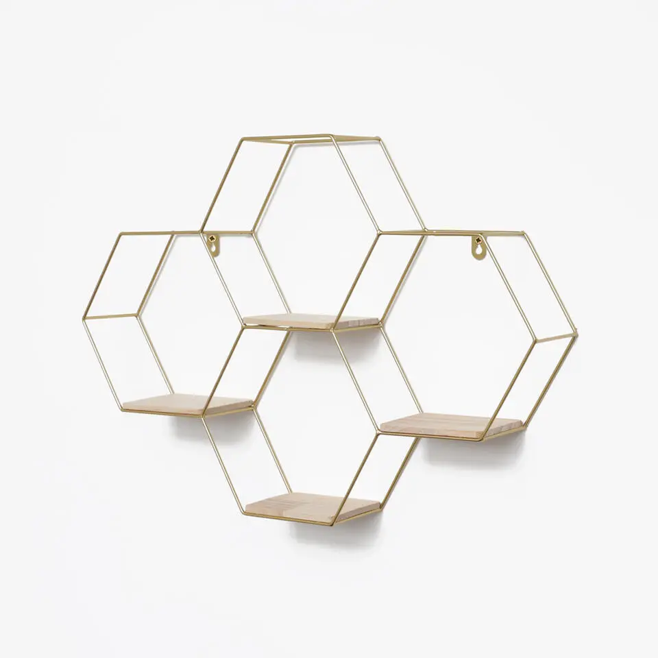 Vierdubbel zeshoekig metalen wandrek met 4 houten plankjes - 40,5x58 cm - Goud