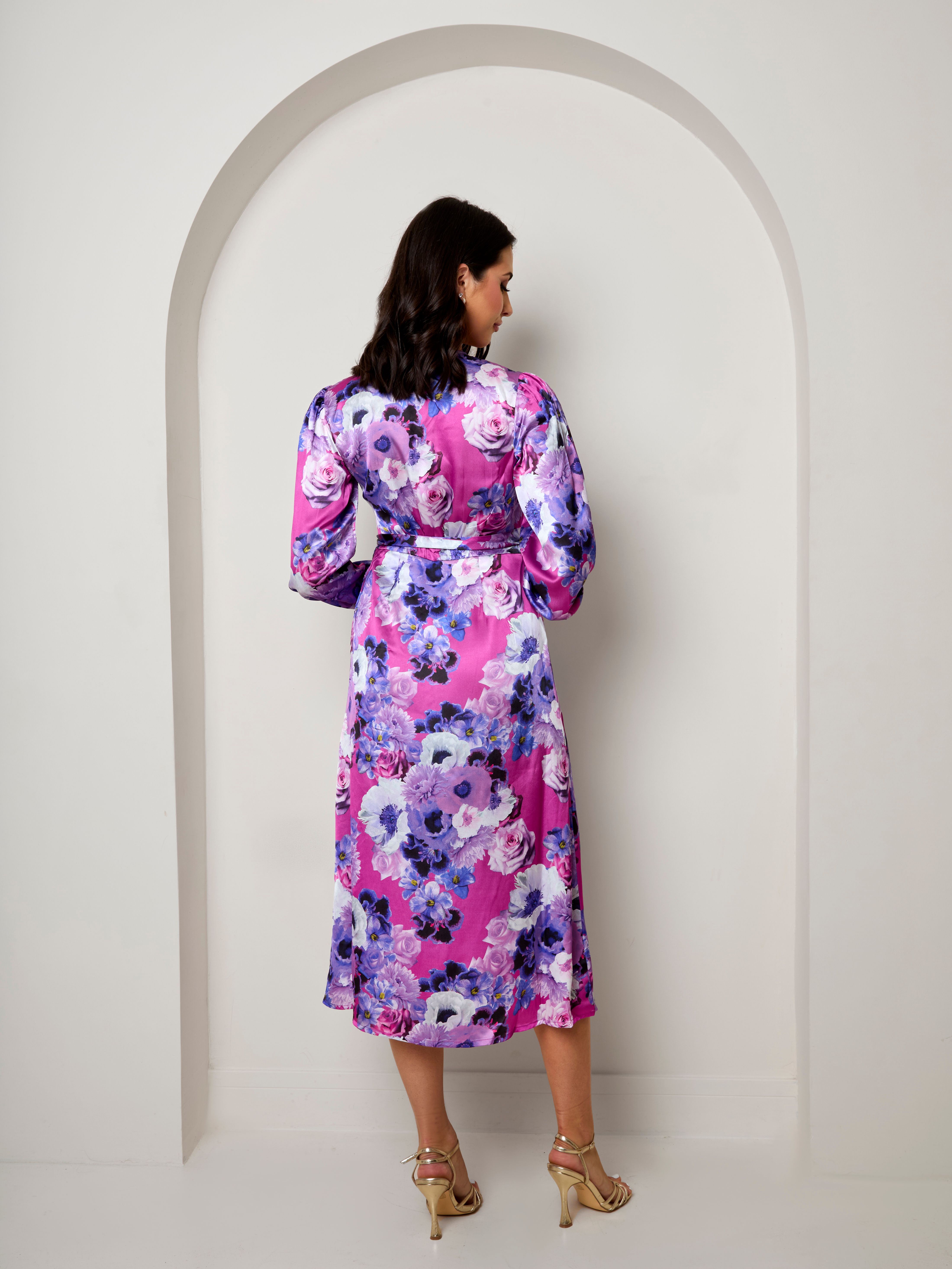 Chi Chi London Plus Size Long Sleeve Floral Wrap Dress in Purple