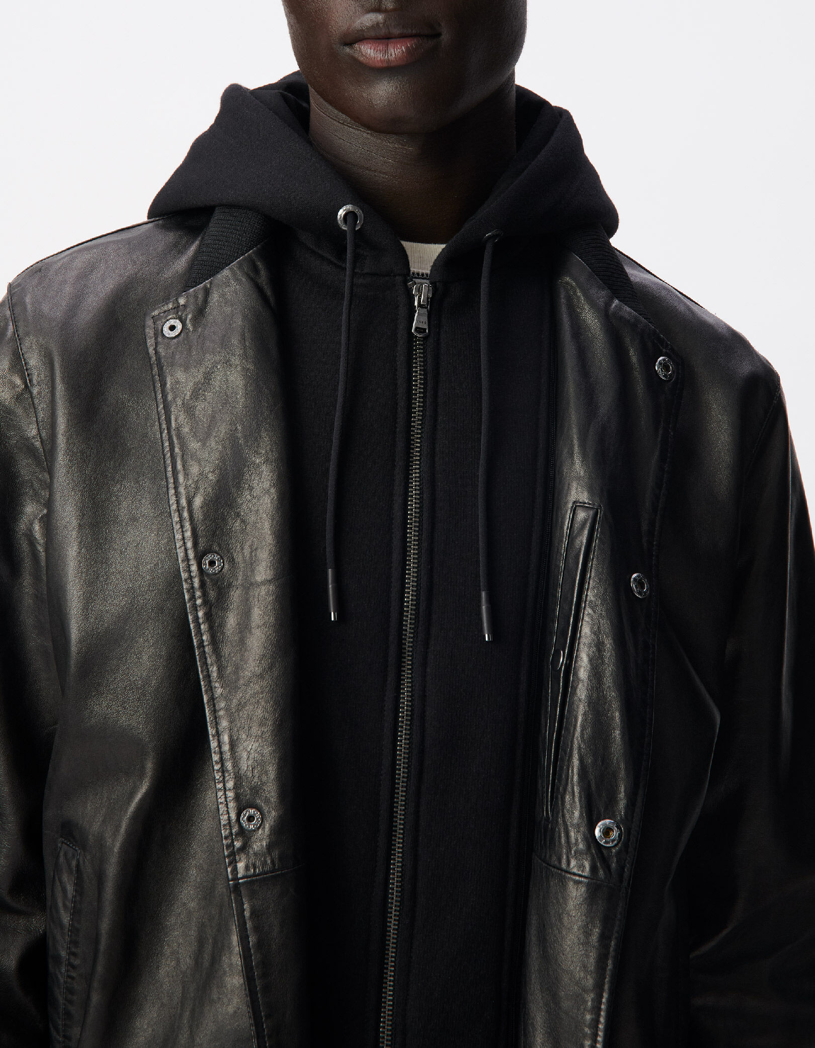 Bomber noir en cuir à parmenture amovible Homme