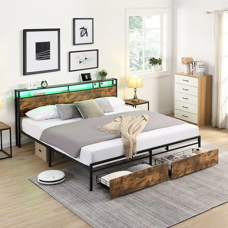 Full Bed Frame, Storage Headboard with Charging Station, Solid and Stable, Noise Free, No Box Spring Needed, Easy Assembly