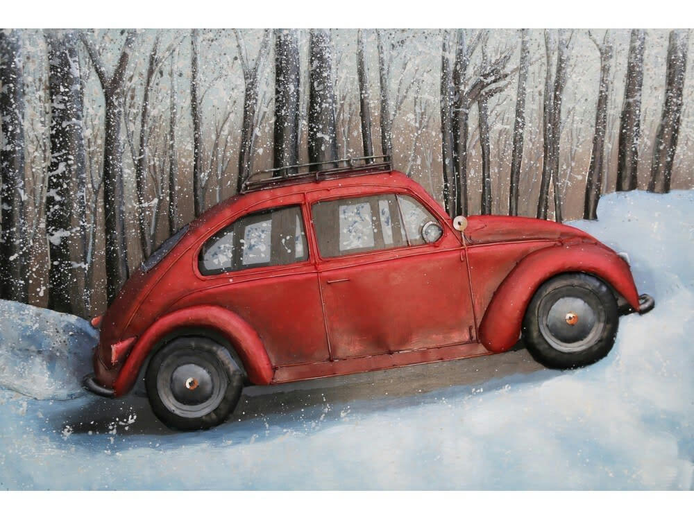 MÉTAL BRASS - Tableau relief en métal coccinelle à la neige 120x80