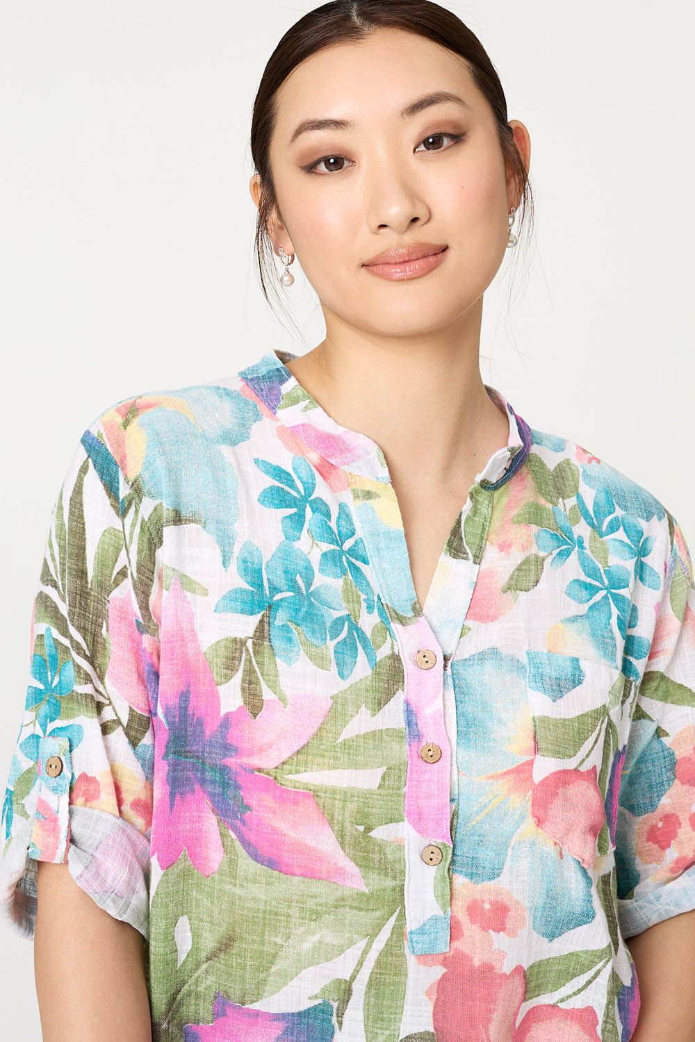 Izabel London Floral Turn-Up Sleeve Relaxed Blouse