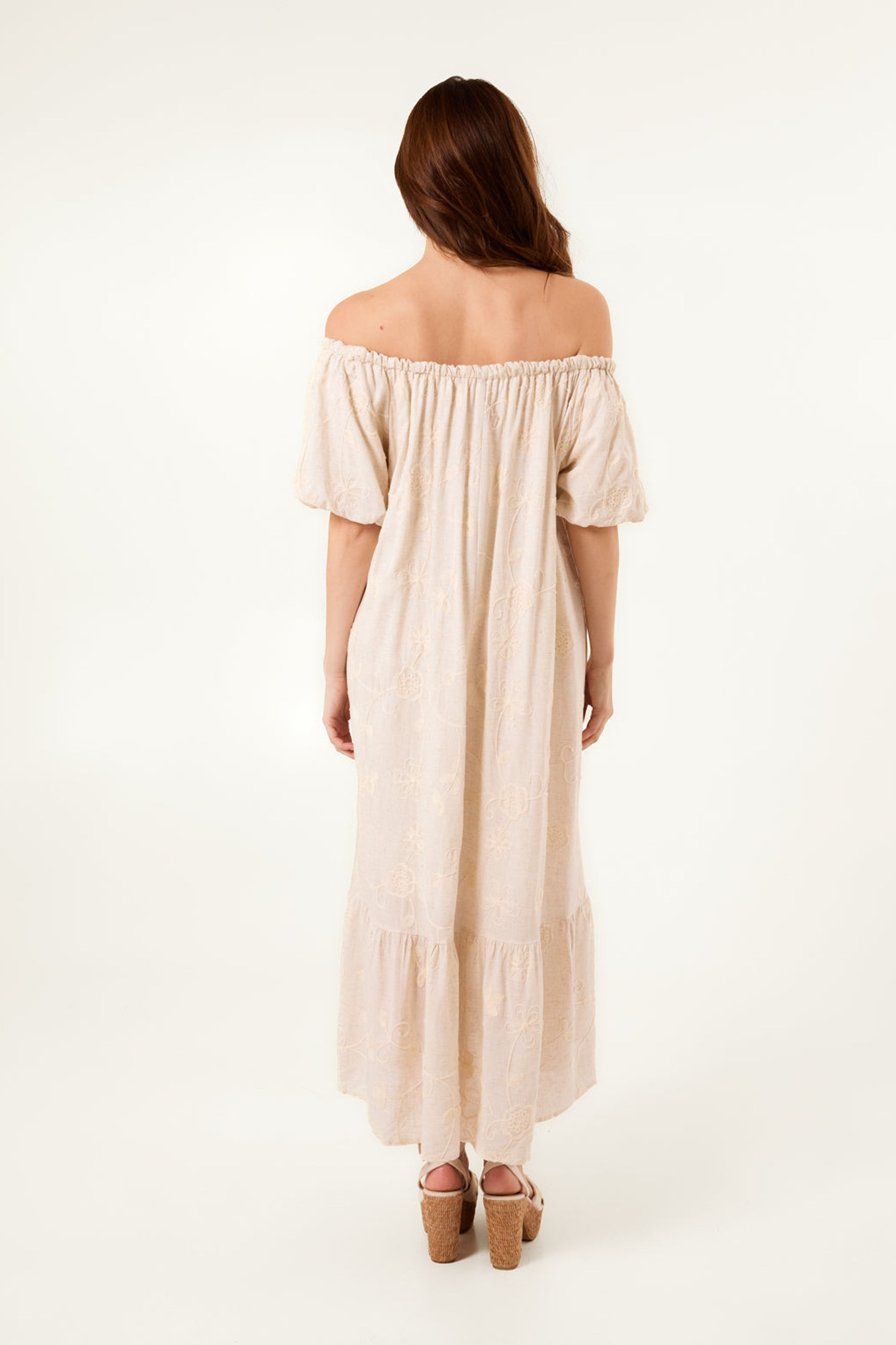 Blue Vanilla Off White Off-Shoulder Bardot Ruffle Dress