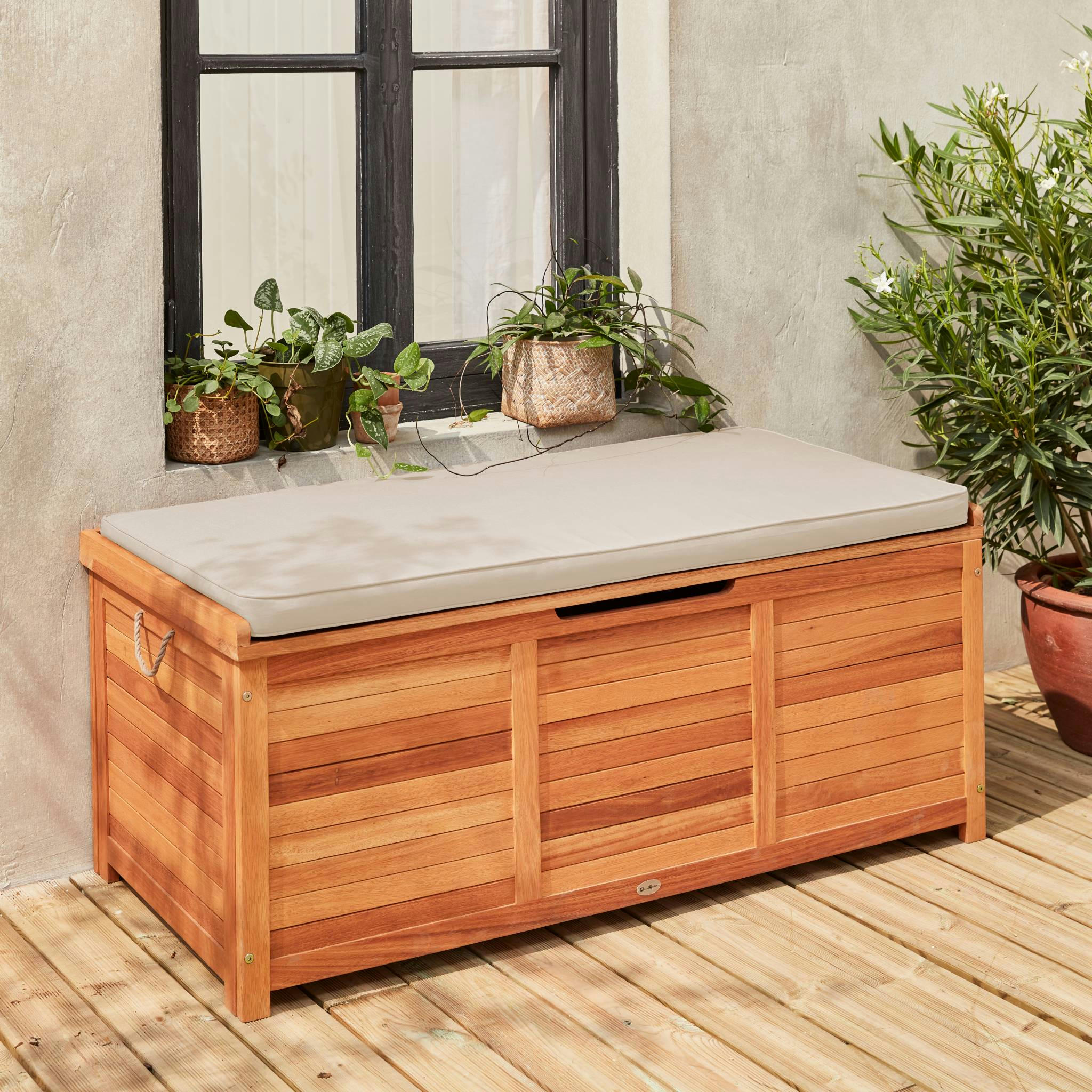 CAJA - Coffre de jardin en bois avec coussin 125x60cm beige