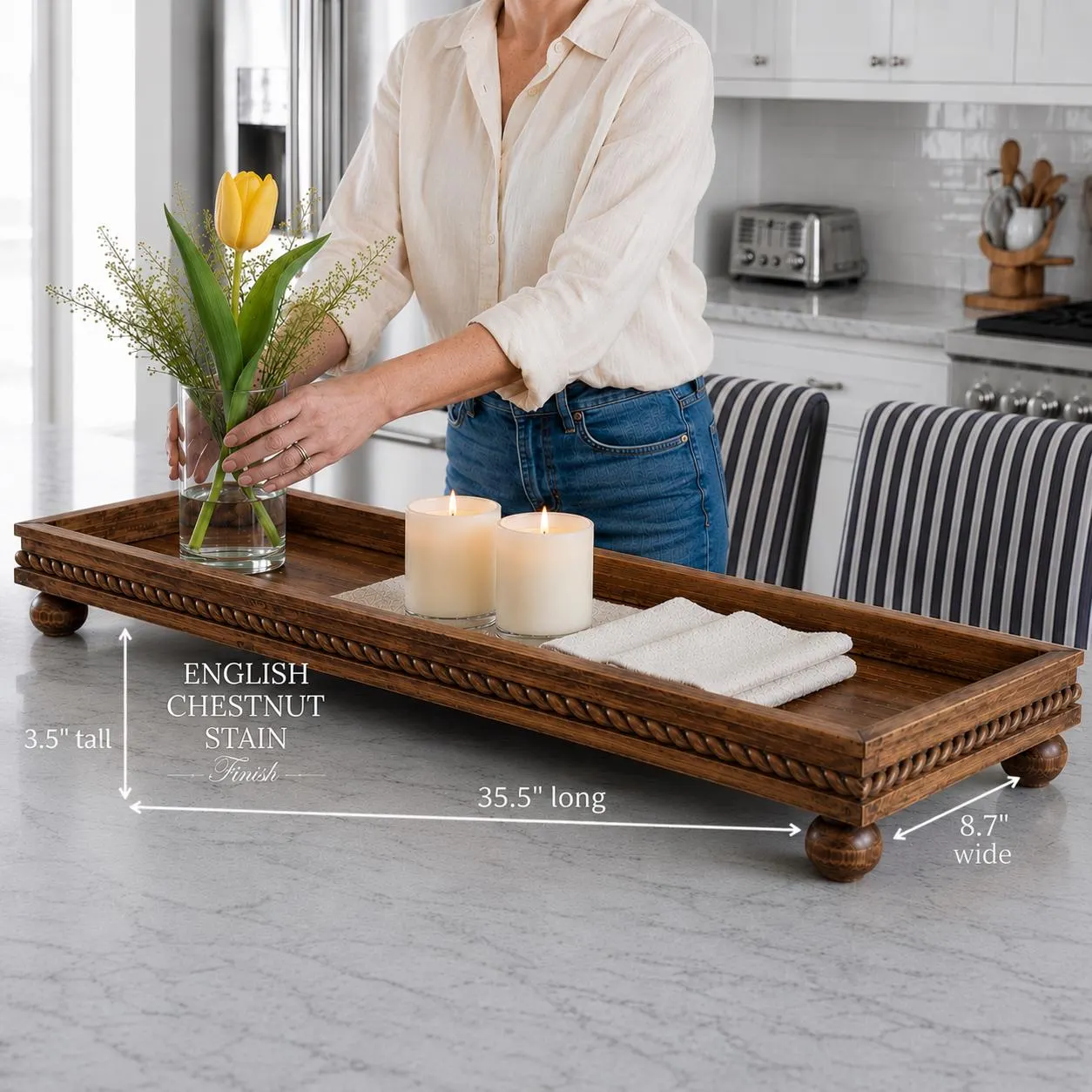 Long Solid Wood Coffee Table Tray, Footed Decorative Tray, Mantel Riser | Large Coffee Table Tray for Coffee Table Kitchen Counter Tray