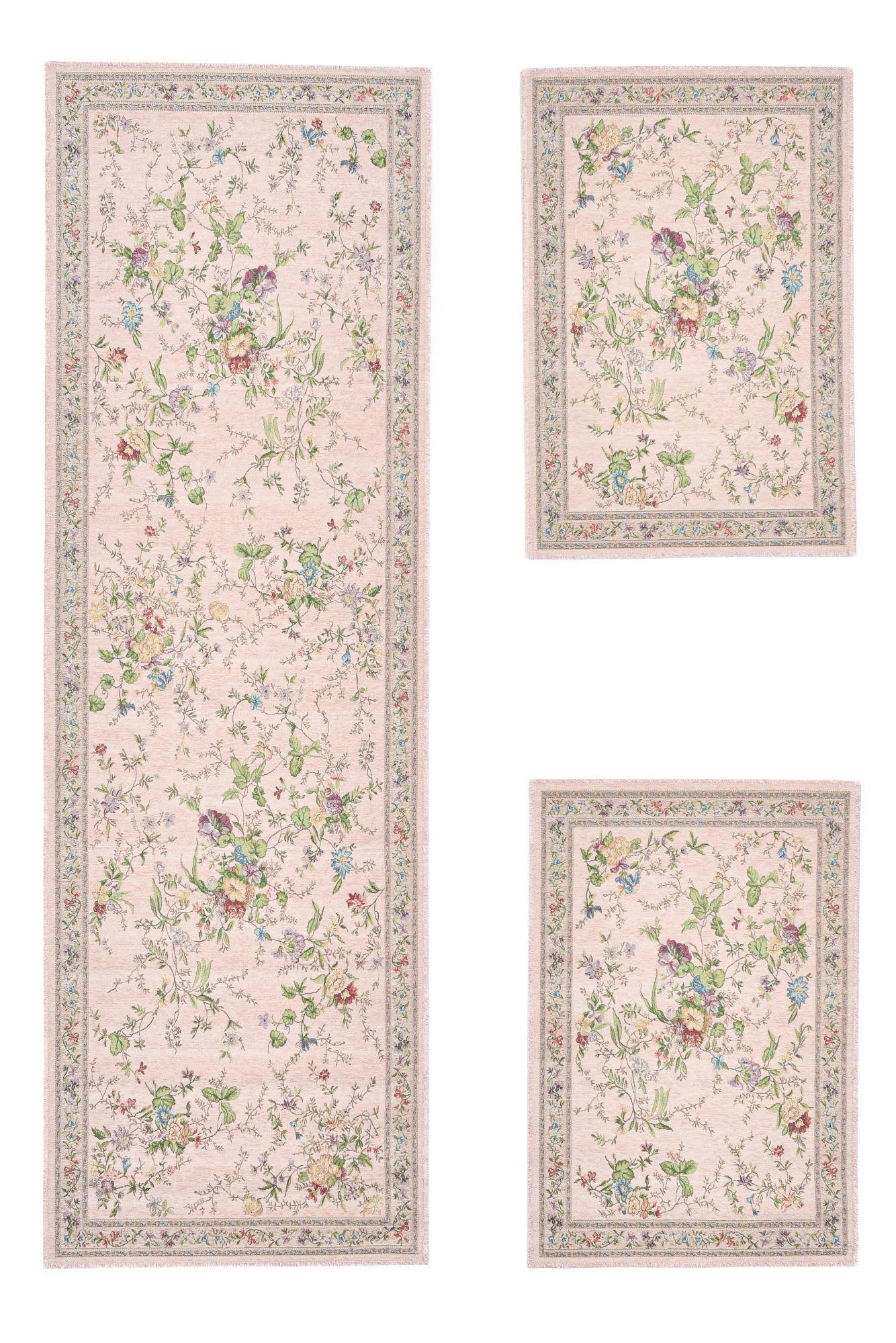 FLOMI - Tapis floral tissé plat rose 70x400 cm