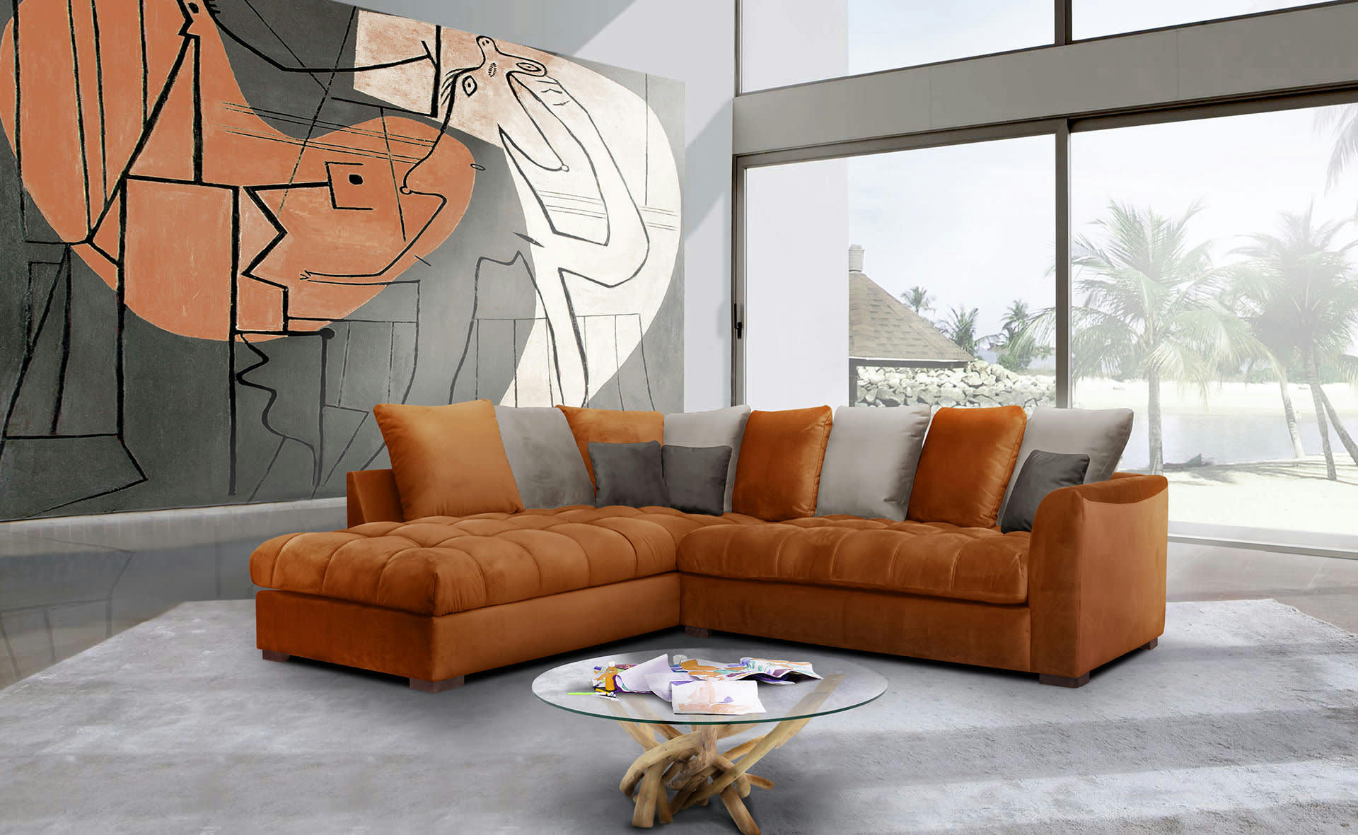 BARDI - Canapé d'angle gauche 5 places tissu orange