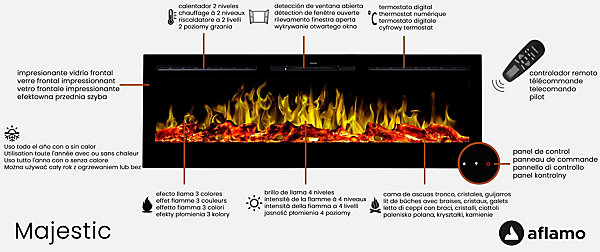 Cheminée électrique AFLAMO Majestic 50 - murale ou encastrable - 128x55x14 cm - cheminée LED avec chauffage 750/1500 W