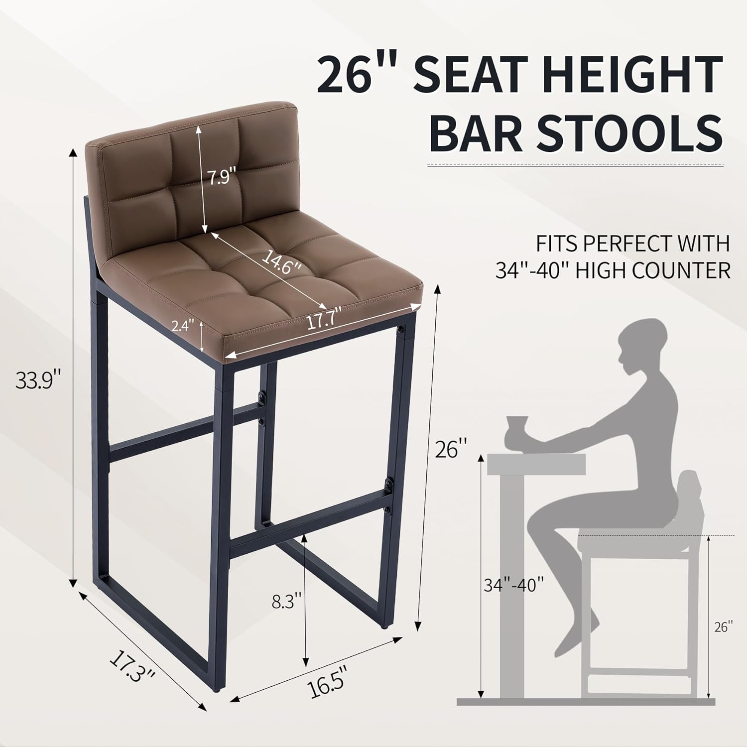 Counter Height Bar Stools Set of 4, Upholstered Barstools with Back, Bar Chairs with Thickened Metal Legs, PU Leather Counter Stools for Kitchen Island (Coffee Brown, 4Pcs 26 Counter Stools)