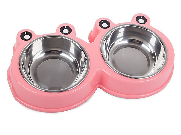 Bol d alimentation double pour chat chiens duale metallique 0.3l x 2 rose