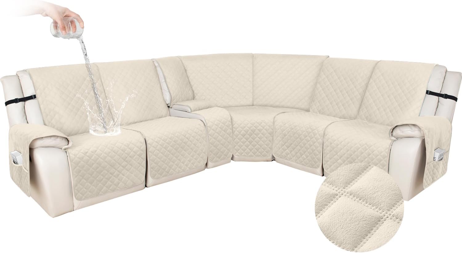 HDCAXKJ 100% Waterproof Velvet Recliner Sectional Couch Covers L Shaped Corner Reclining Sofa Cover Washable Thick Non Slip Sectional Slipcover with Pockets (5 Seat and 1 Middle Console, Beige)