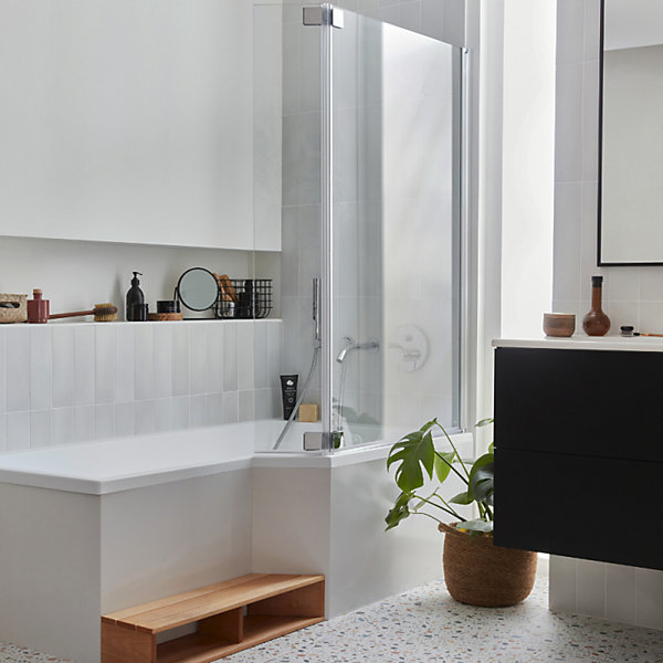 Pack baignoire bain douche 180 x 90 JACOB DELAFON Neo version droite   pare bain chromé   tablier en angle