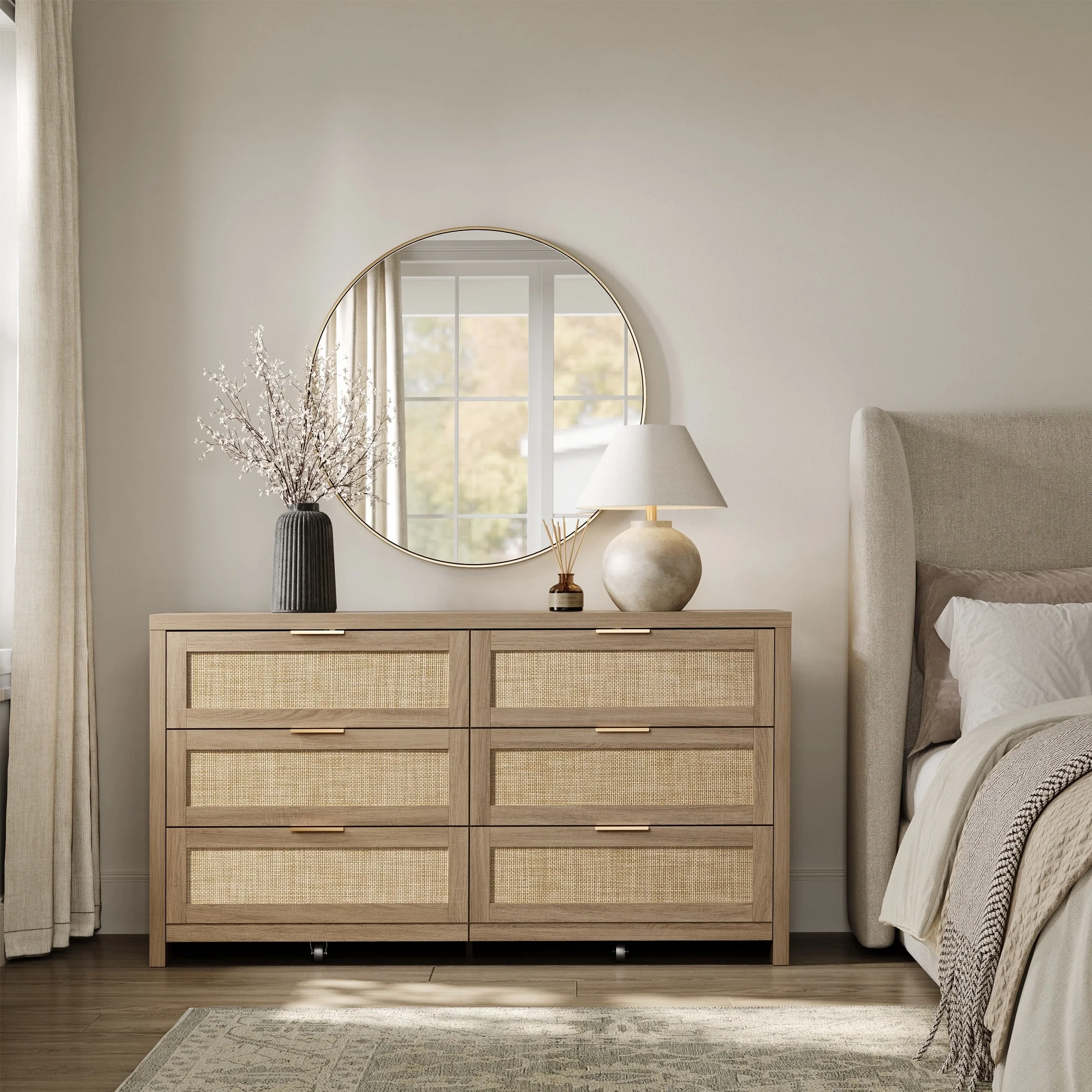 Elegant Right Angled Dresser with 6 Rattan Woven Drawers