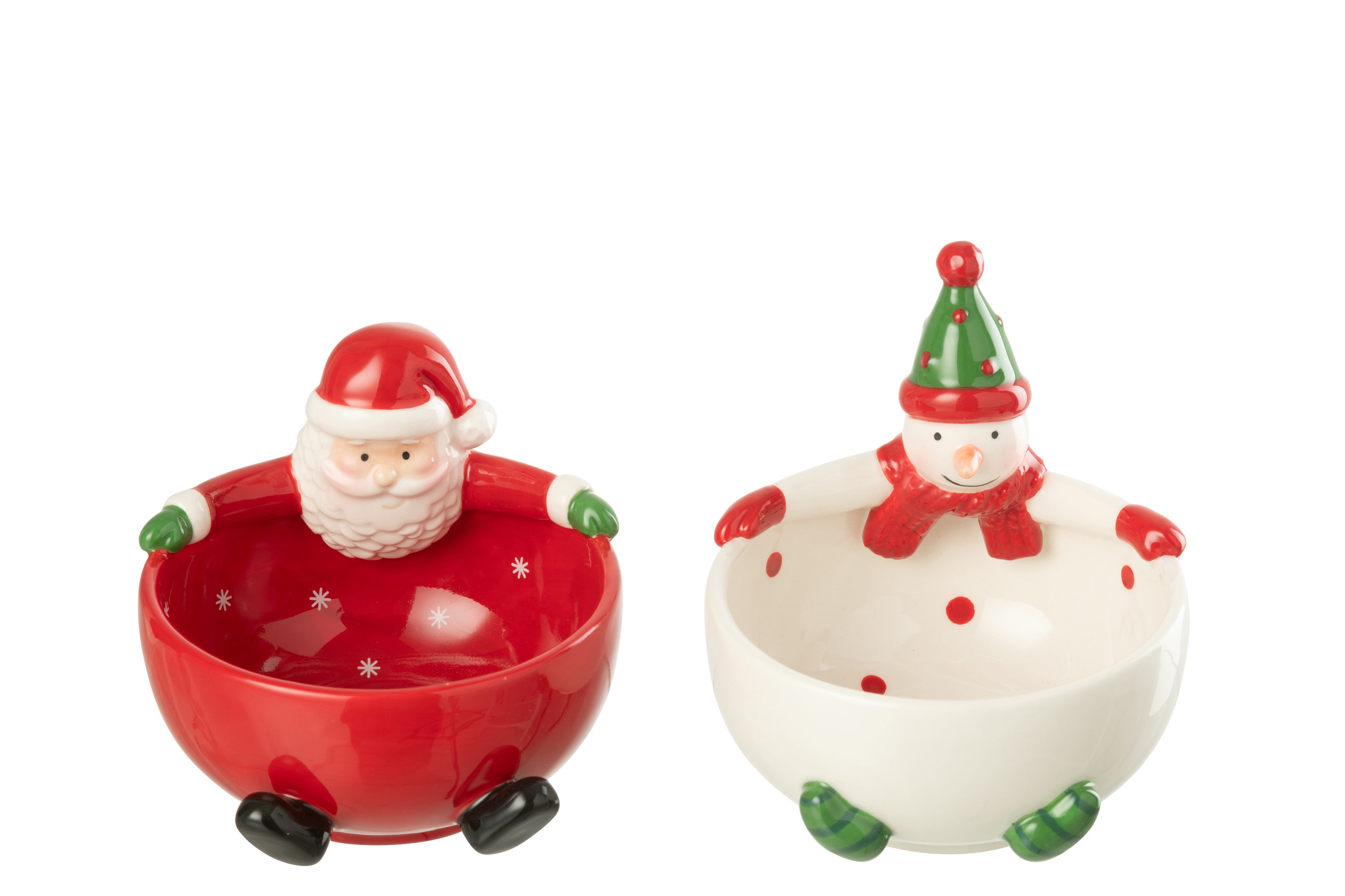 J-Line schaal Kerstman   Sneeuwpop Dolomiet - keramiek - mix - 2 stuks