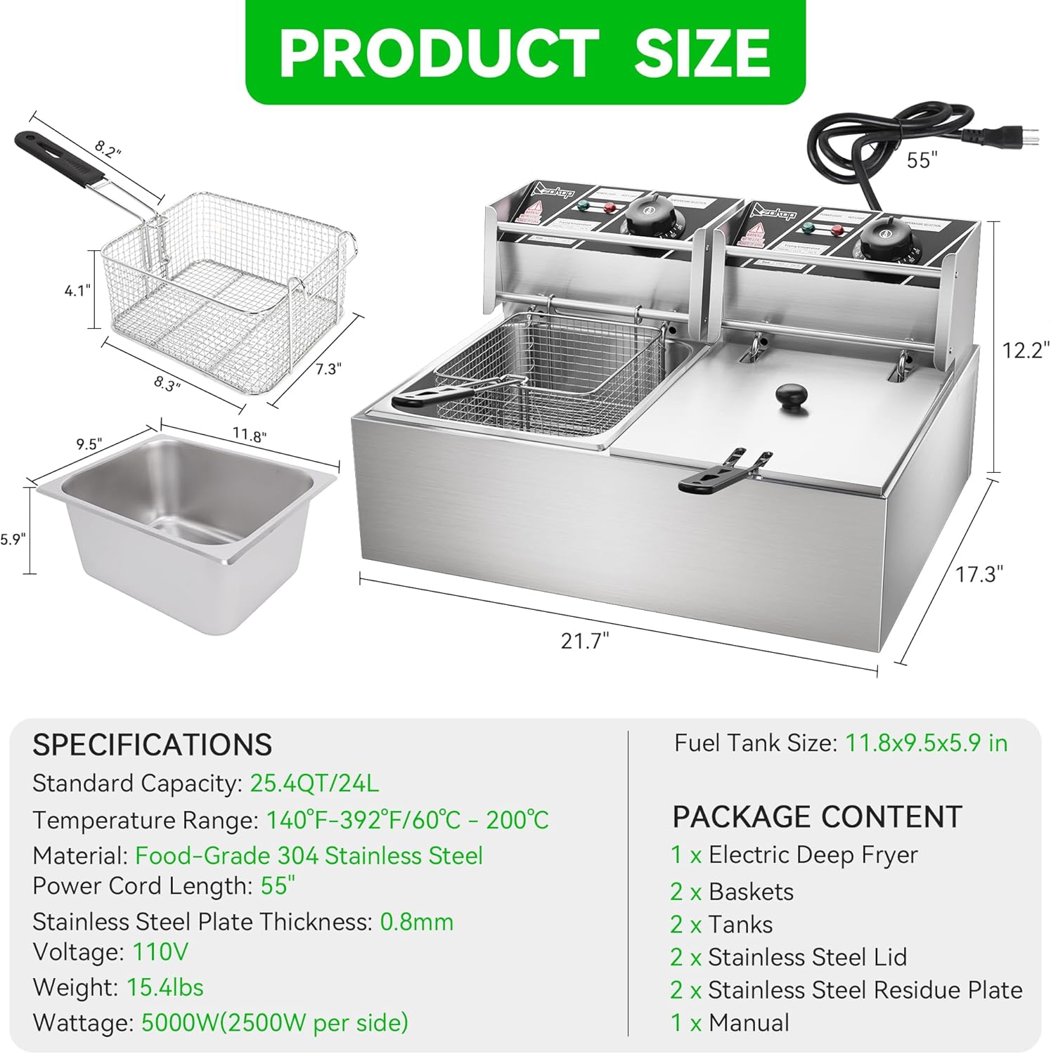 5000W Fast-Heating Commercial Deep Fryer With Basket | 25.4QT/24L Double Tank Electric Fryer, Adjustable Temp 140-392°F, Countertop Oil Fryer for Restaurant & Home Use, Stainless Steel