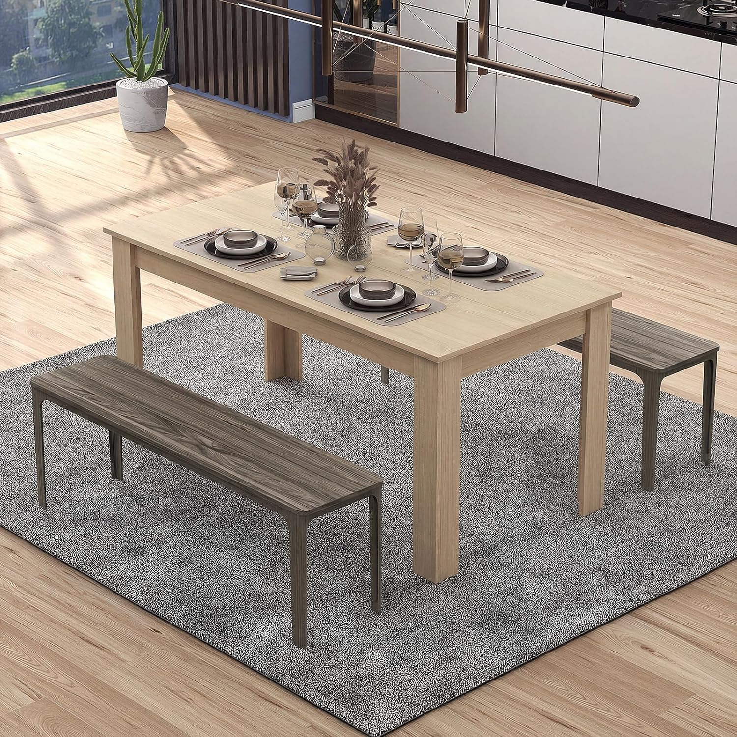 COSTWAY 63”Rectangular Dining Table for 4-6 People,Farmhouse Dinette with Large Computer Workstation, Modern Counter Height Kitchen Table for Small Place, Apartment Living Room Restaurant (Light Oak)