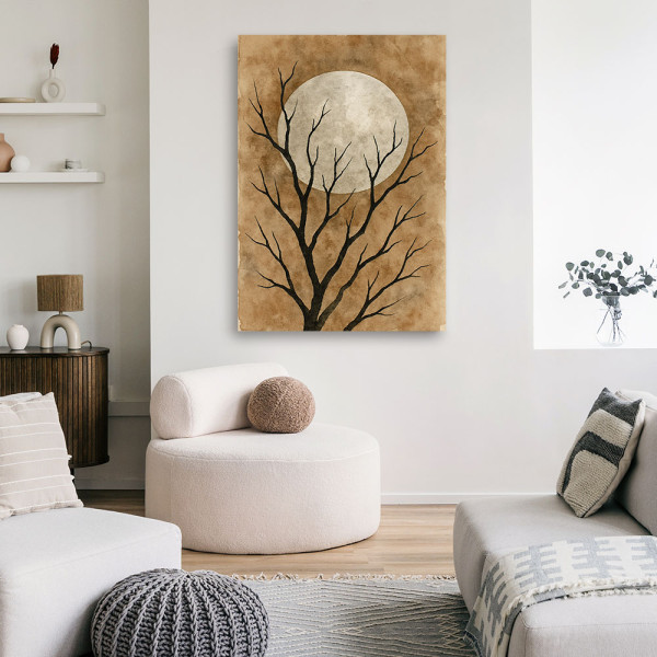 Feeby Obraz Japandi, Drzewo Księżyc Akwarela Beżowy Vintage 40x60