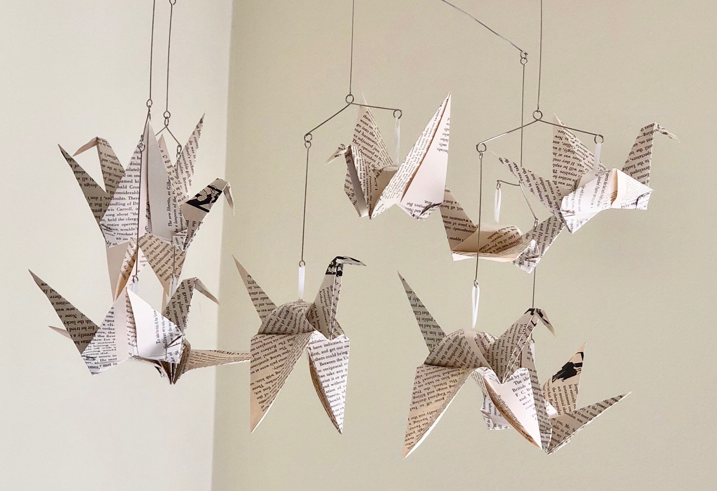 Vintage Book Page Crane Mobile | Origami Bird Nursery Decor (Handmade)