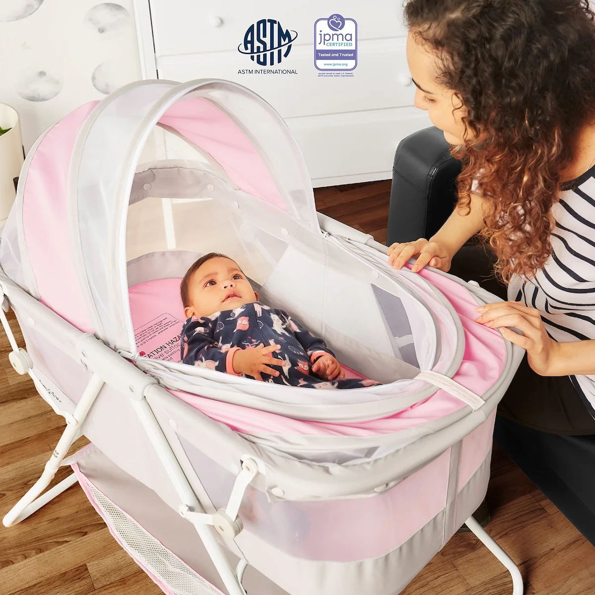 Karley Baby Bassinet in Grey and Pink, Lightweight Portable, Quick Fold and Easy to Carry , Adjustable Double Canopy