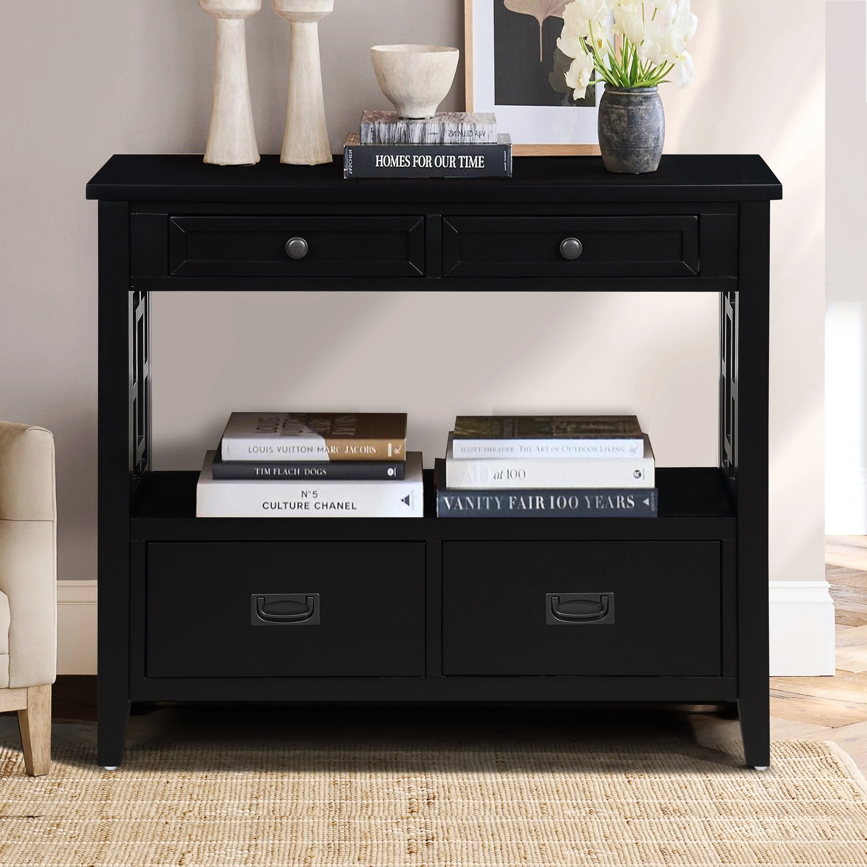 36'' Farmhouse Pine Wood Console Table Entry Sofa Table with 4 Drawers & 1 Storage Shelf