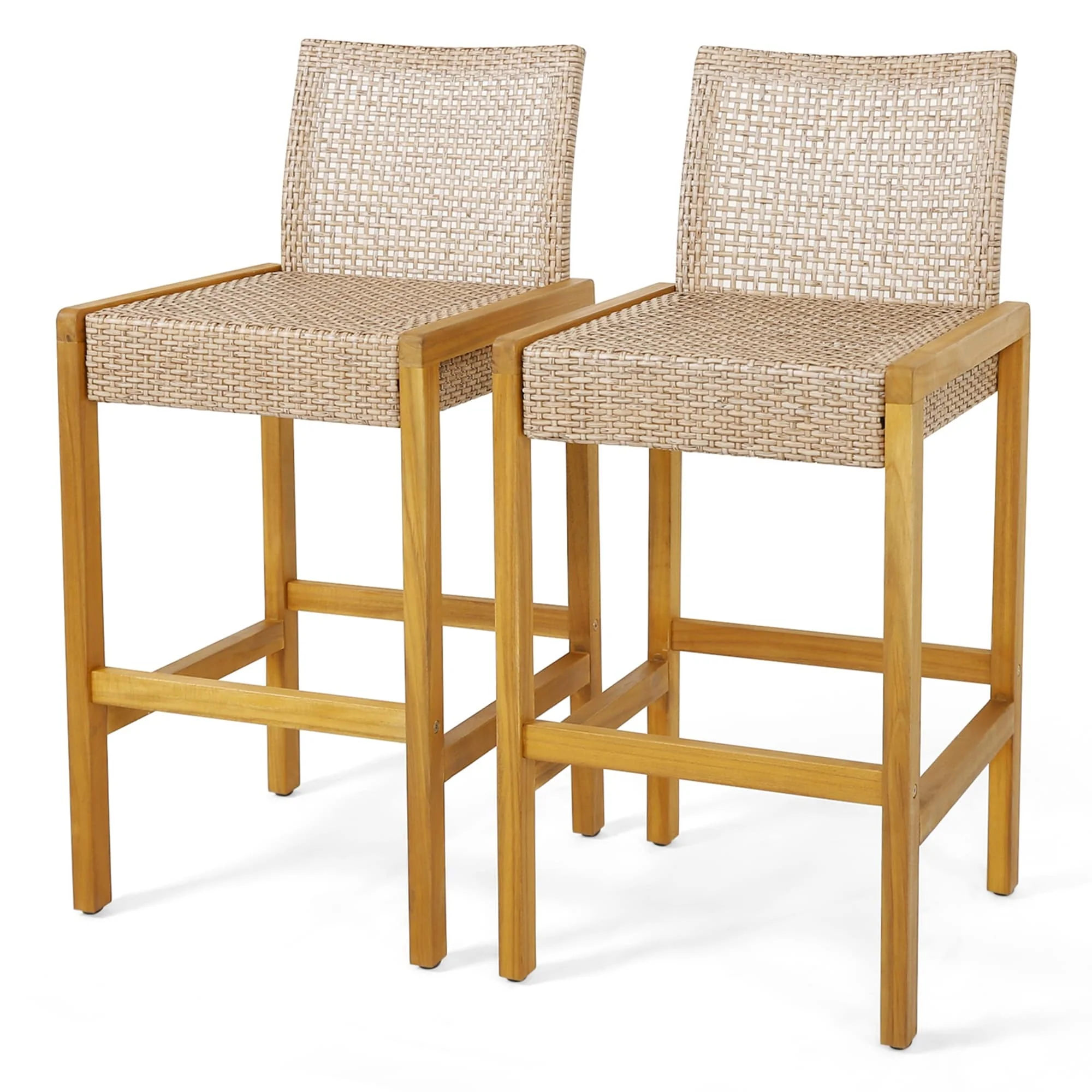 Set of 2/4 Patio Wood Barstools Rattan Bar Height Chairs w/ Backrest