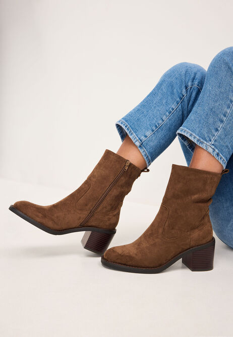 Womens Mid Brown Block Heel Ankle Boots